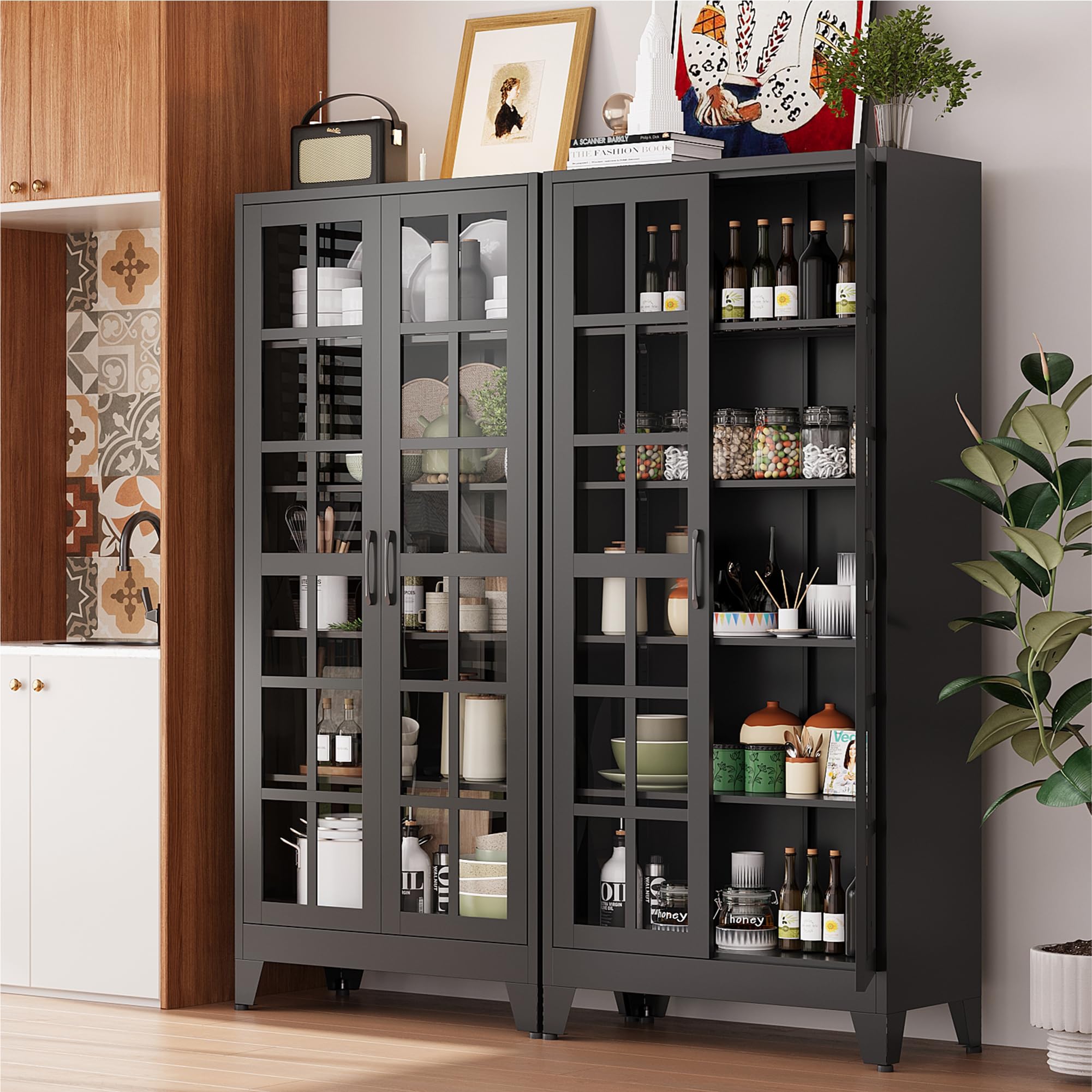 COFaR 71" Black Metal Pantry Cabinet with Glass Doors for Living Room