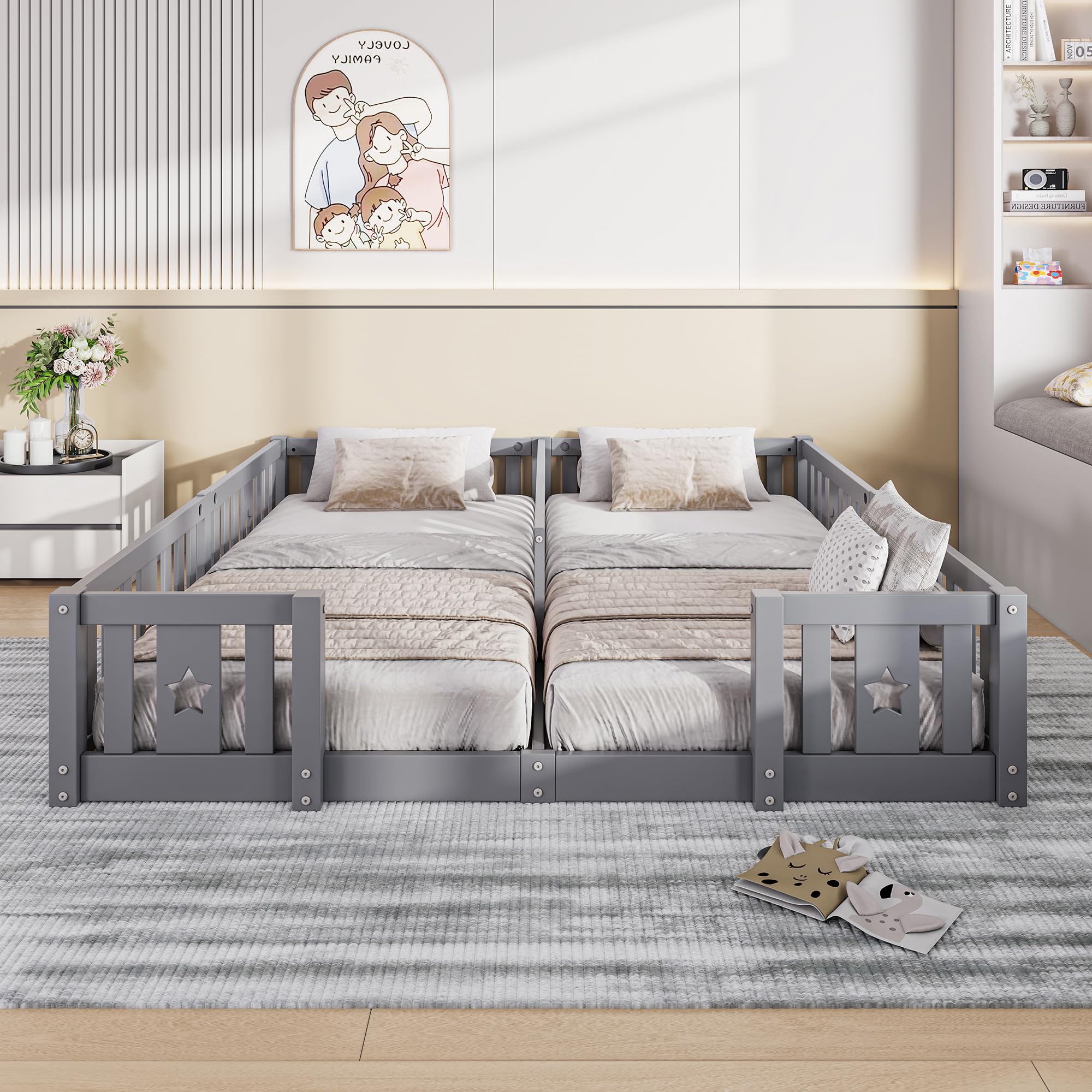 Letto a Terra 90x200 cm, Letto per Bambini a Terra con Barriera, Letto Montessori, Legno Massiccio, Letti Doppi, per Camera di Ragazzi e Ragazze, senza Materasso (Grigio A, 188 * 206 * 40)