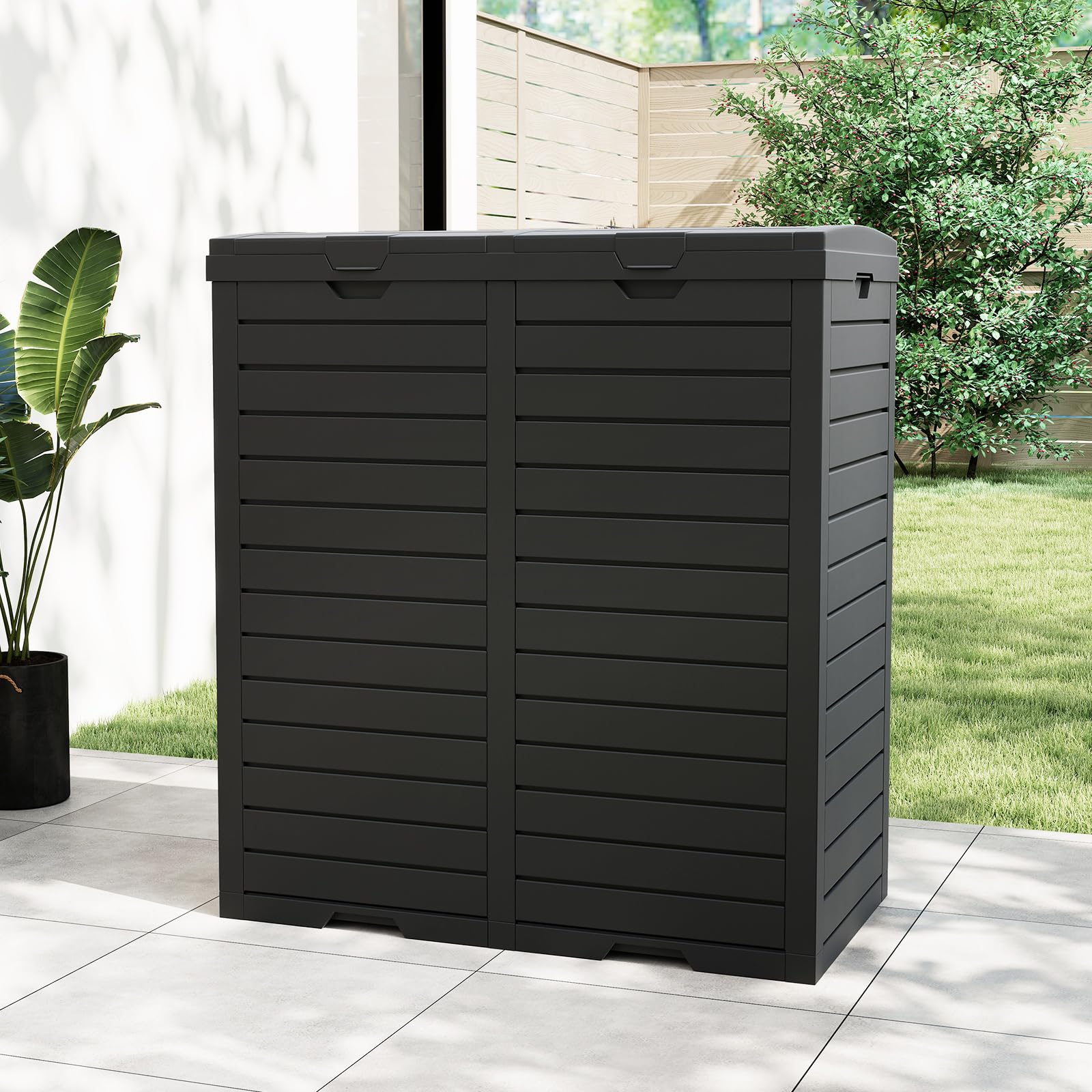 LIFEZEAL Poubelle extérieure de 235 l, Double Poubelle de Recyclage avec Couvercle étagé, Poubelle classée imperméable avec Plateau d'égouttement, poignée, conteneur à ordures (Noir)
