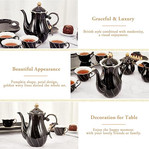 Miniatura 3 de DUJUST Tetera de porcelana de estilo británico (40 onzas), tetera de cerámica de lujo con borde dorado, tetera negra de grado alimenticio con filtro