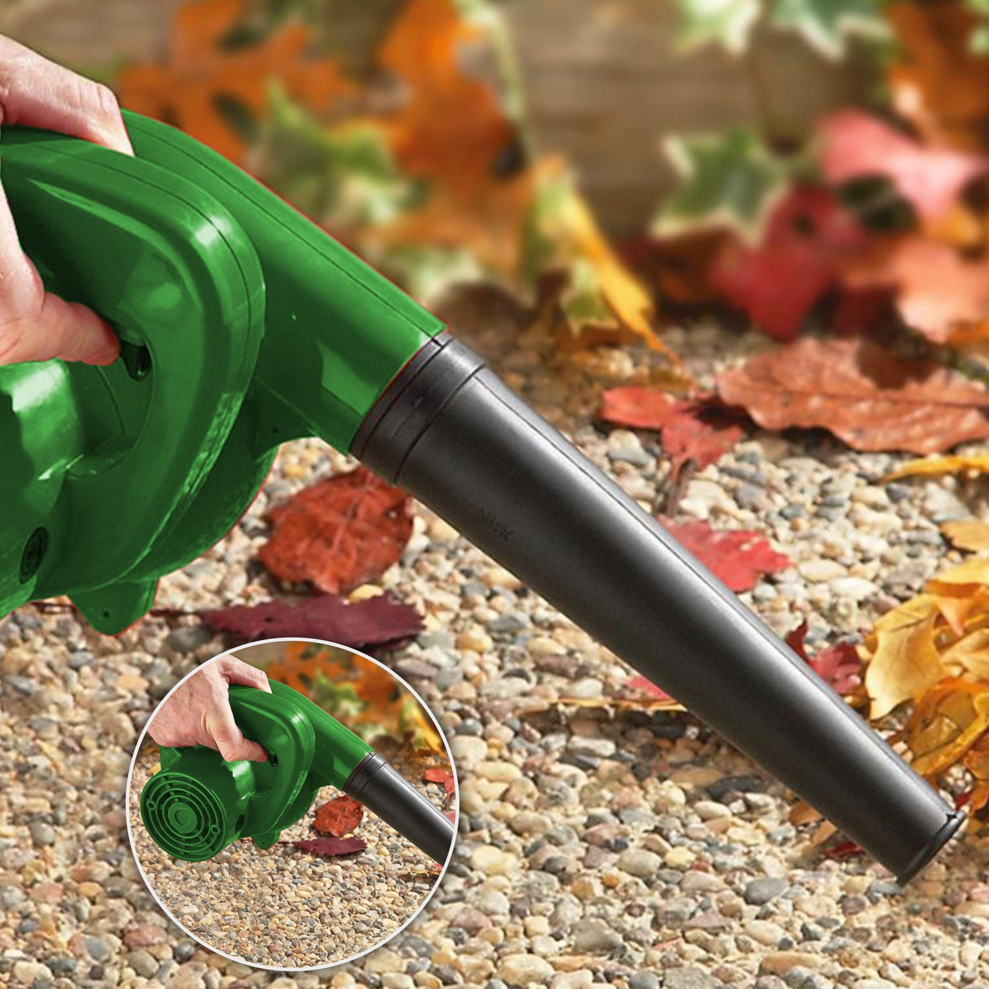 FISHTEC - Mini Soffiatore di Foglie Elettrico - Reversibile in Aspirapolvere con Sacchetto di Recupero - Lunghezza Cavo 2M - 500 W - 40CM - Verde - Compatto, Pratico e Leggero - Giardino
