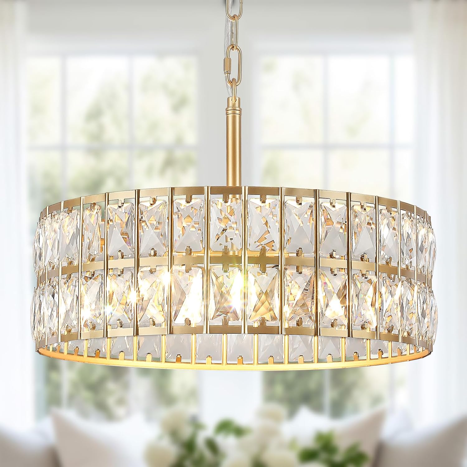 Gold Crystal Chandelier, 16’’ Round Modern Crystal Chandelier, 5-Light Gold Chandelier Light Fixture Semi Flush Mount Ceiling Light Fixture for Living Room Bedroom Kitchen Entryway