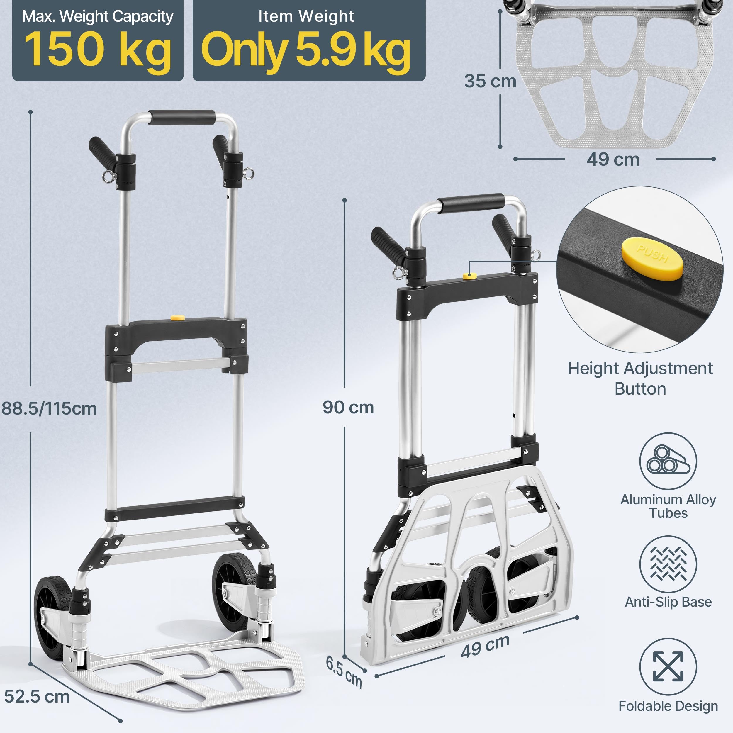 Yaheetach Klappbare Sackkarre,150 kg Belastbar mit Langer Aluminium Teleskopgriff 88.5-115 cm, Spanngummi & Handschuhen,für Einkauf/Umzug/Garten