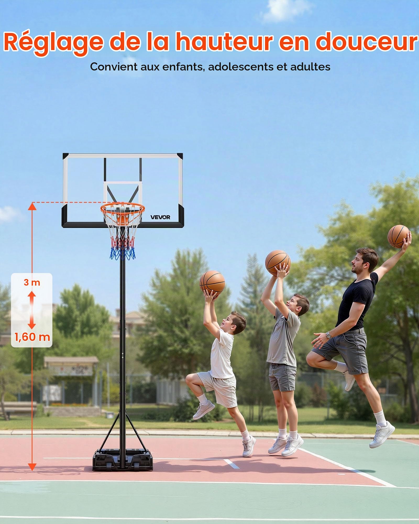 VEVOR Panier de Basket-Ball sur Pied, But de Basketball Mobile avec Roues et Hauteur Réglable de 1,6 à 3,05 m, Système de Cerceau, Filet et Panneau en PC pour Basket, pour Extérieur et Intérieur