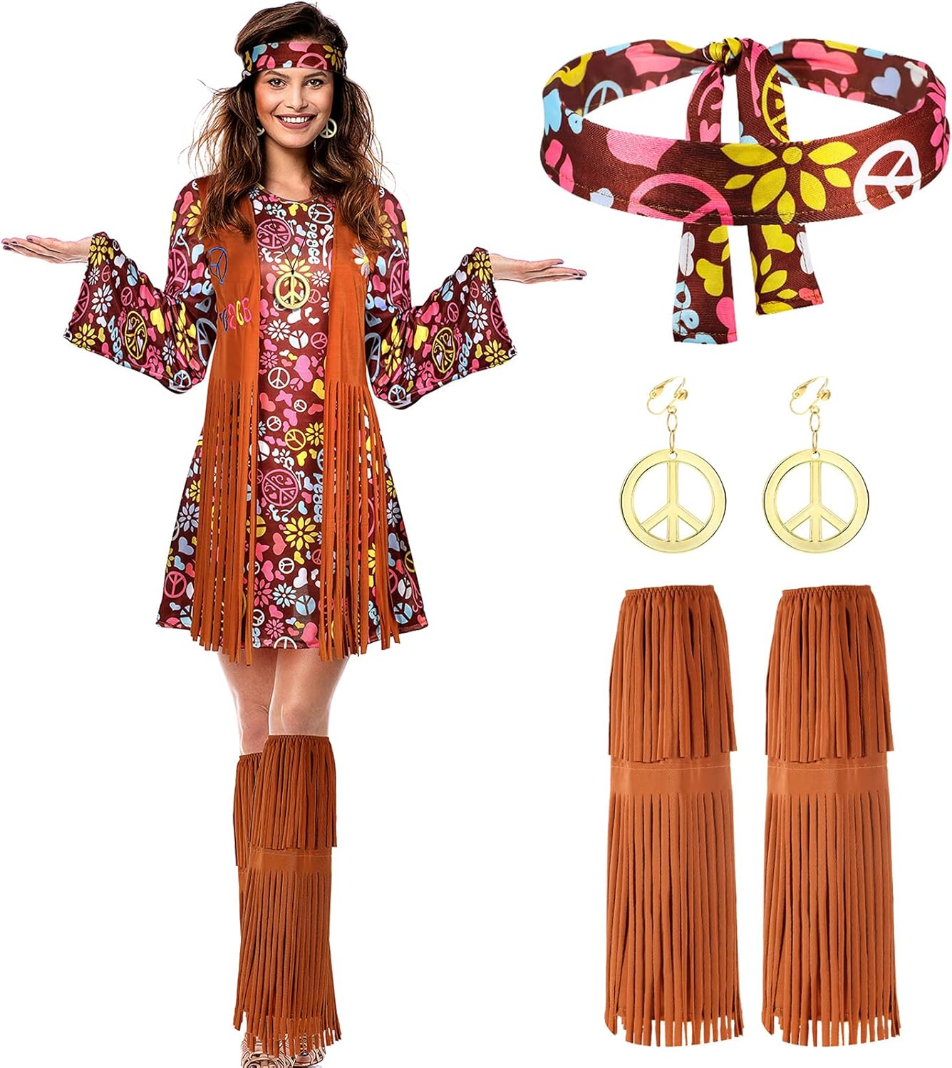 SATINIOR Conjunto de disfraz hippie de los años 70 y 60, accesorios para mujer, vestido de discoteca hippie de los años 60 para niñas