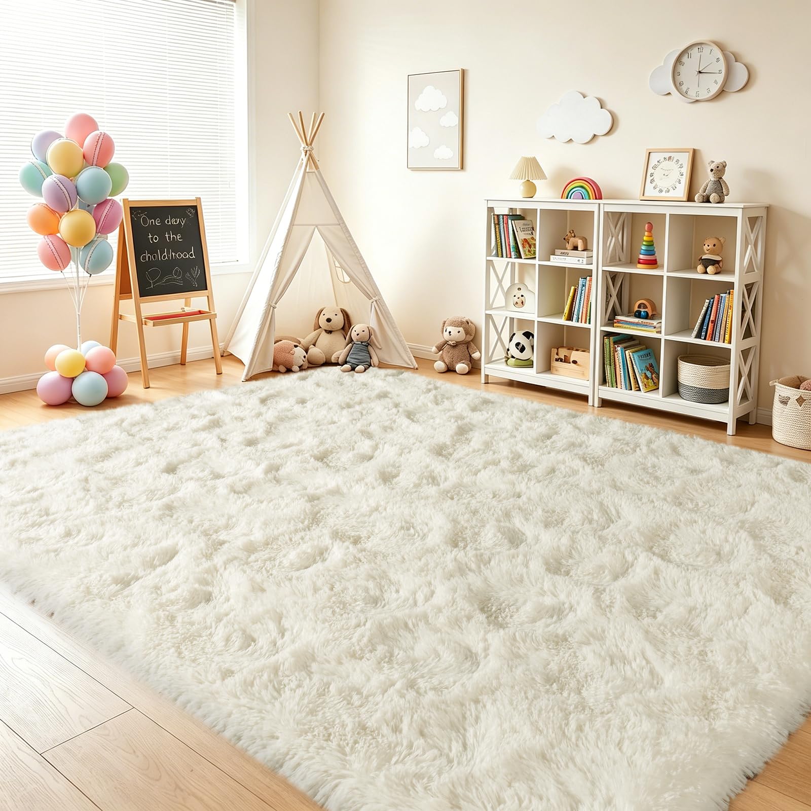 Hochflor Teppich Wohnzimmer Groß 160x230cm Flauschig Creme | Anti-Rutsch Unterseite Weich Teppiche Waschbarer Modern Shag Carpet Matte für Kinderzimmer Schlafzimmer