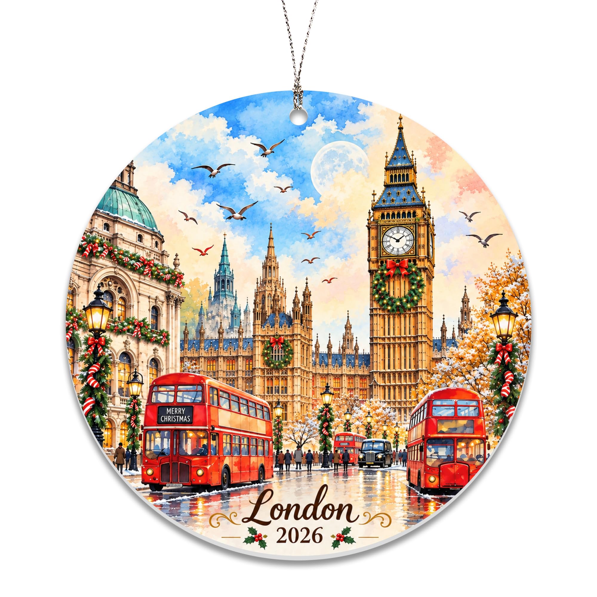 London Christmas Ornament 2026 for Tree Decoration, Big Ben and Red Bus Ornament for Travel Lovers, London Landmark Holiday Decor, Travel Gifts for Women and Men, England Keepsake
