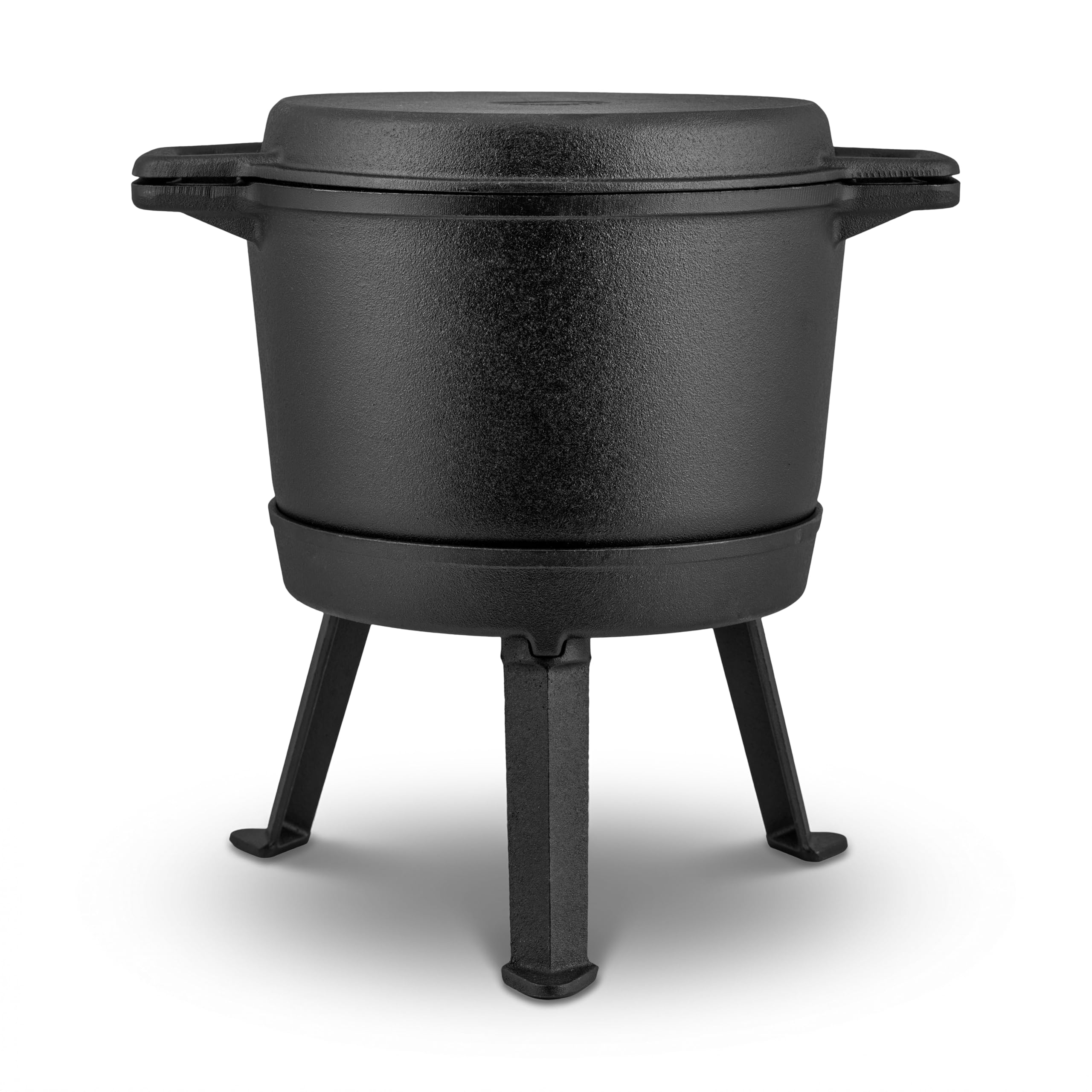 Berdsen Pentola in ghisa 8 l Dutch Oven – Pentola per fuoco per falò e barbecue, coperchio 2 in 1 utilizzabile come padella, con 3 gambe e ganci – incluso ricettario – nero