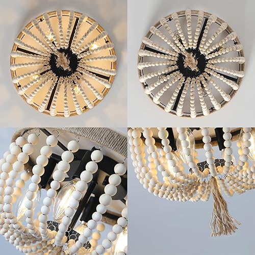 Miniatura 9 de Lámpara de techo bohemia con cuentas de madera, 4 luces de roble blanco, estilo bohemio, para dormitorio, pasillo, entrada, cuarto de bebé, pasillo,