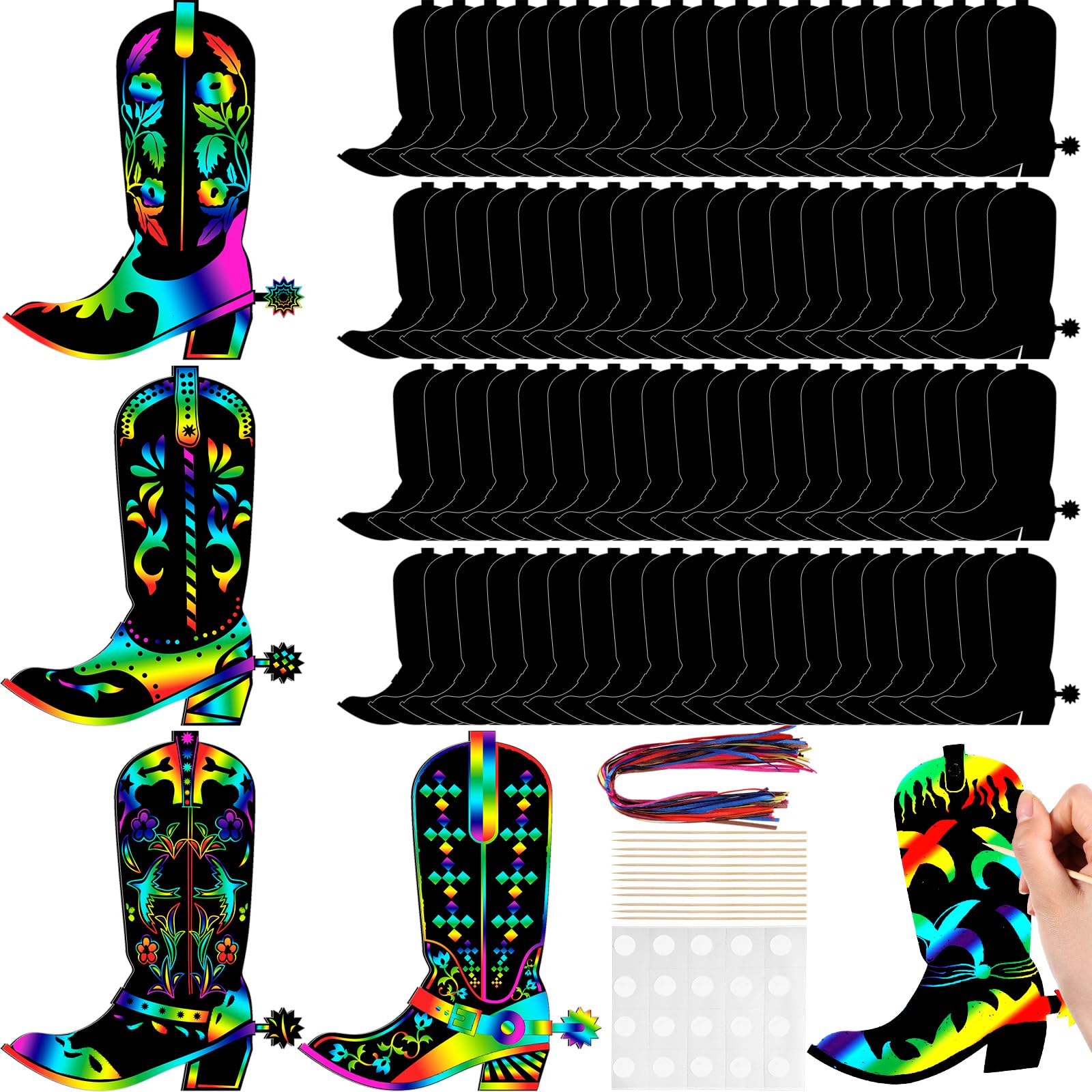 Hungdao 80 Pcs Western Cowboy Boot Scratch Cards for Boys Cowboy Crafts Rainbow Cowboy Scratch Paper Cowboy Party Favors for Western Theme Birthday Party Classroom DIY Activities