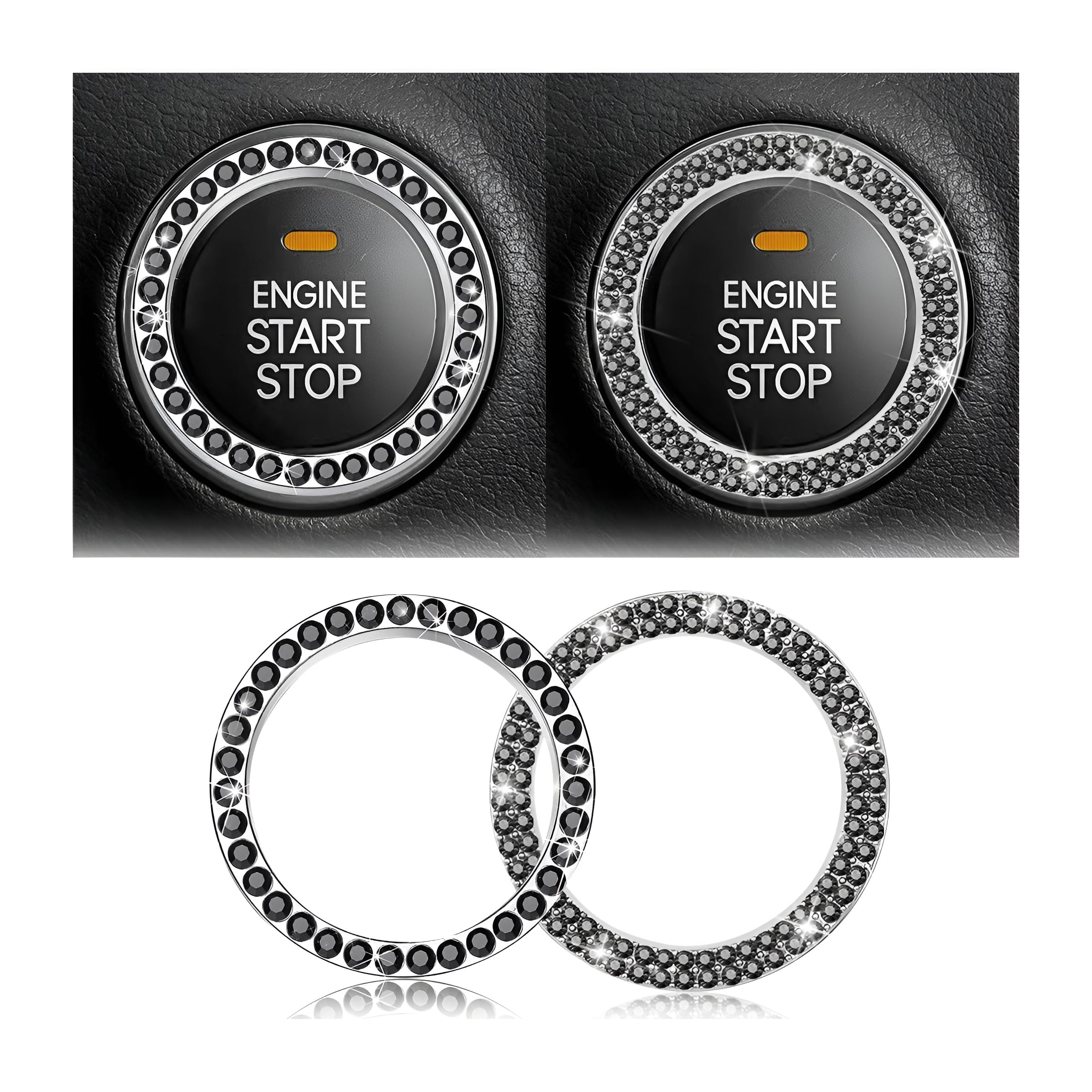 Car Bling Crystal Rhinestone Engine Start Ring Stickers, 1 Single Drainage Drill and 1 Double Drainage Drill Car Start Button Cover, Key Ignition Knob Bling Ring Decals, Car Accessories(Set Black)