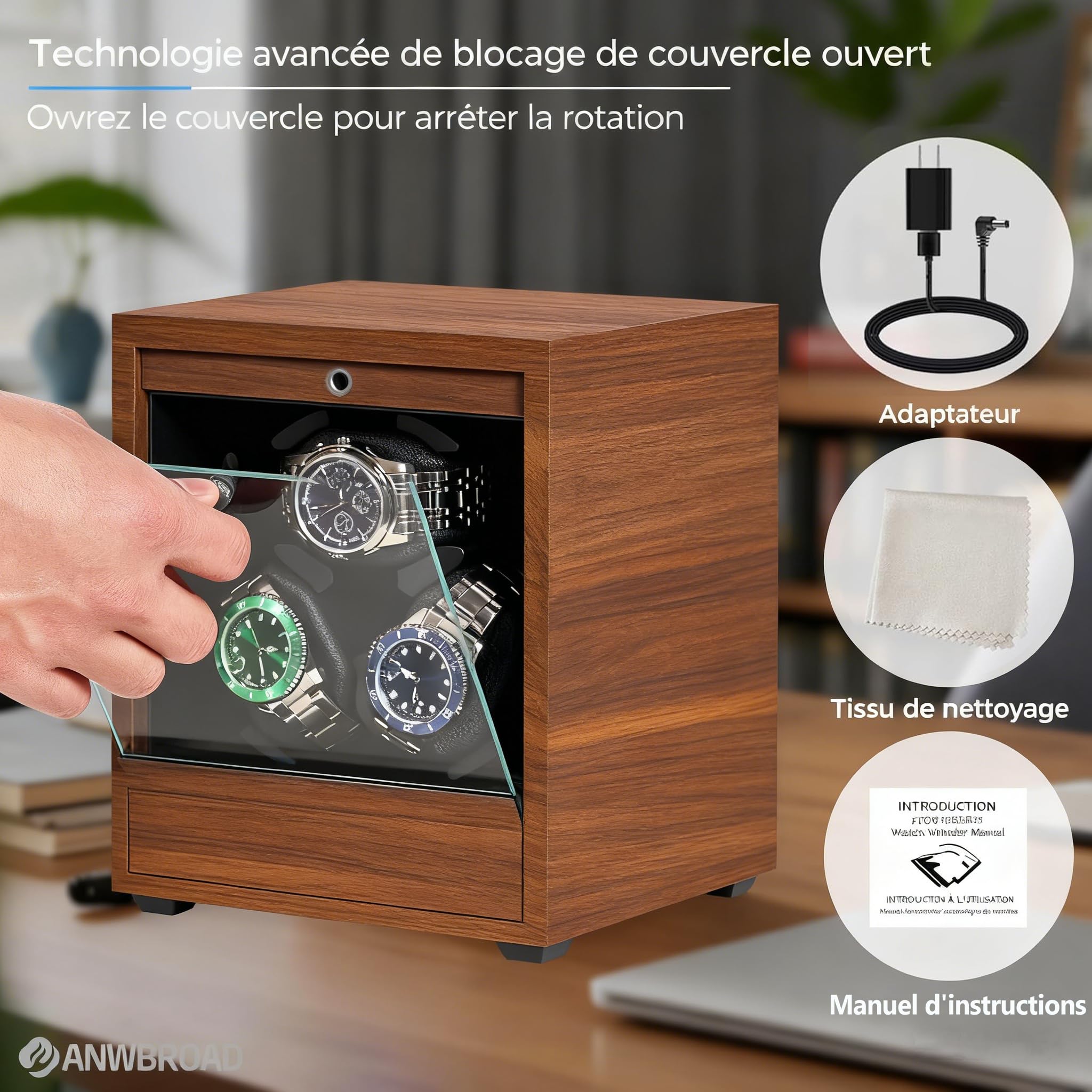 ANWBROAD Remontoir Montre Automatique 4 Modes 6 Montres Remontoir Montre Automatic avec LED Bleues Boite Ecrins pour Watch Winder Porte en Acrylique JWW013M