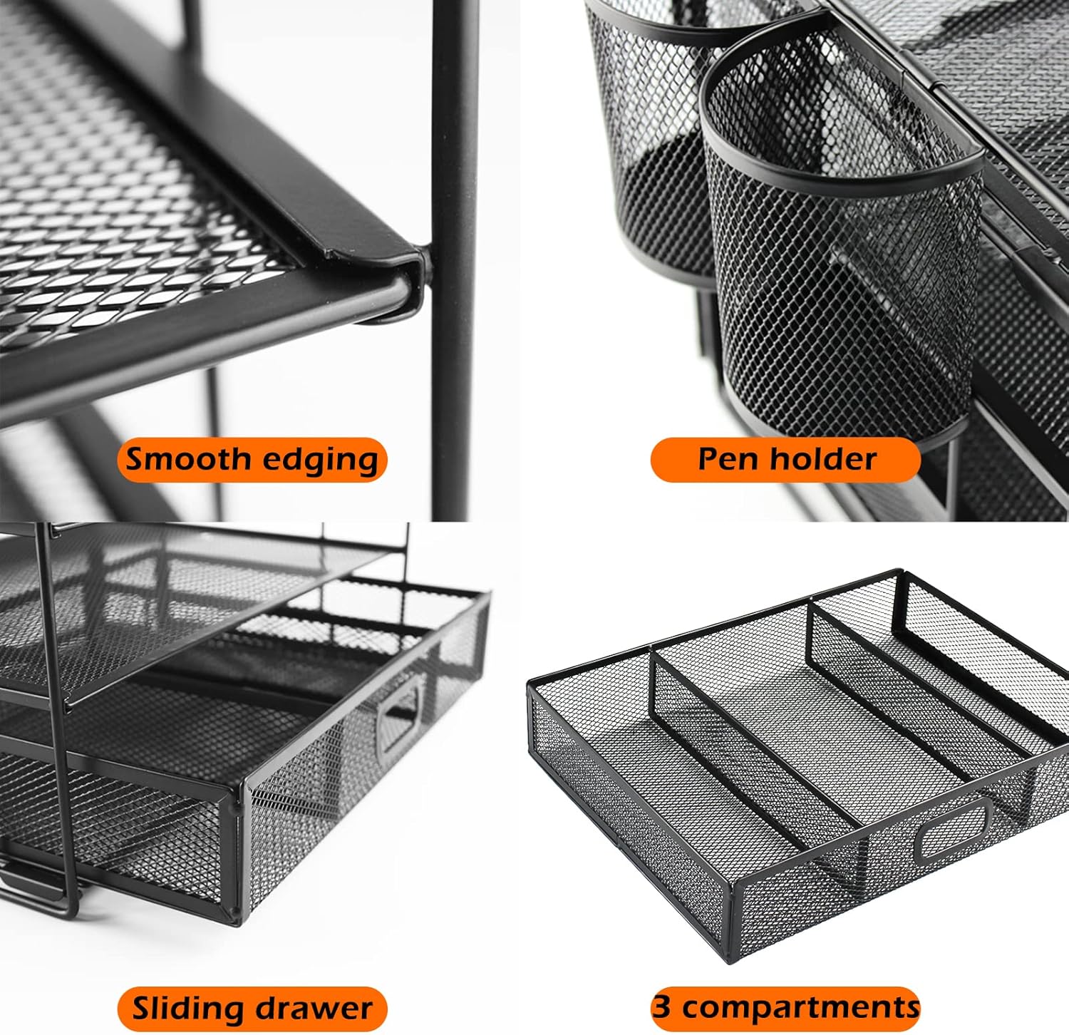FancoYard Desk Organizers Set, Mesh Office Supplies Paper File Organizer for Desk with Pen Holder, Notebook, Pencil Storage Accessories with 4 Trays + Sliding Drawer, Black : Office Products