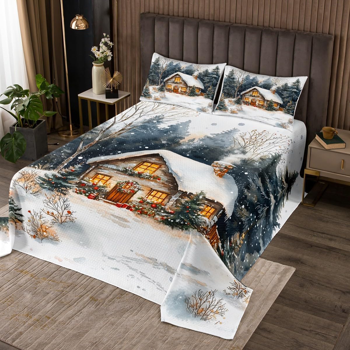 Homewish Retro Rustic Cabin Bedspread Queen Size,Deer Woodland Winter Theme Bedding Set for Kids Boys Girls Room Decor,Snow Scenery Wildlife Quilt 3Pcs,Nature Plant Animal Coverlet Set,2 Pillowcases