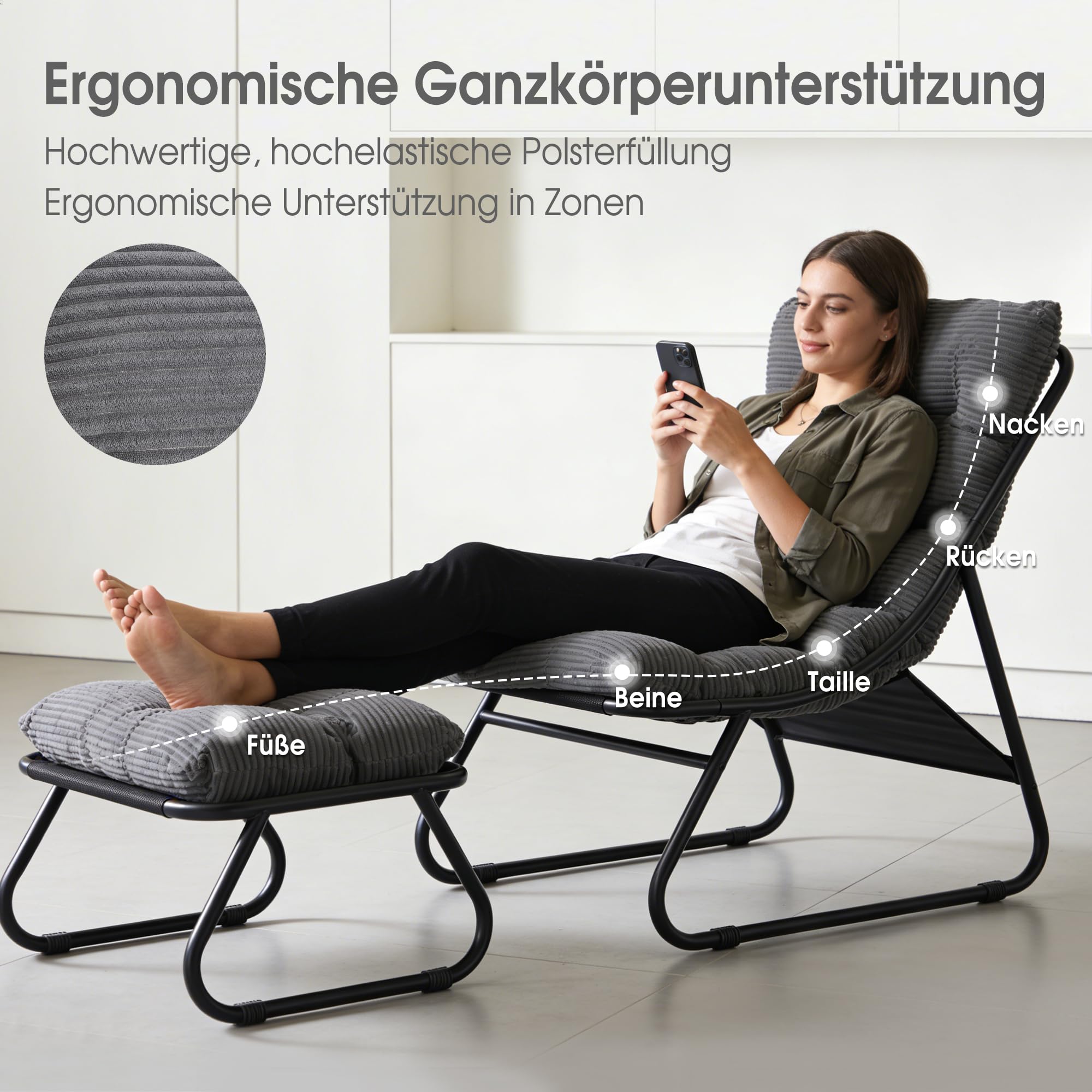Ohrensessel mit Hocker, Bequemer Lesestuhl, Ergonomischer Lounge-Stuhl für Wohnzimmer, Schlafzimmer oder Büro auch für Terrasse, Balkon, Garten, Indoor & Outdoor, Marineblau, Dunkelgrau