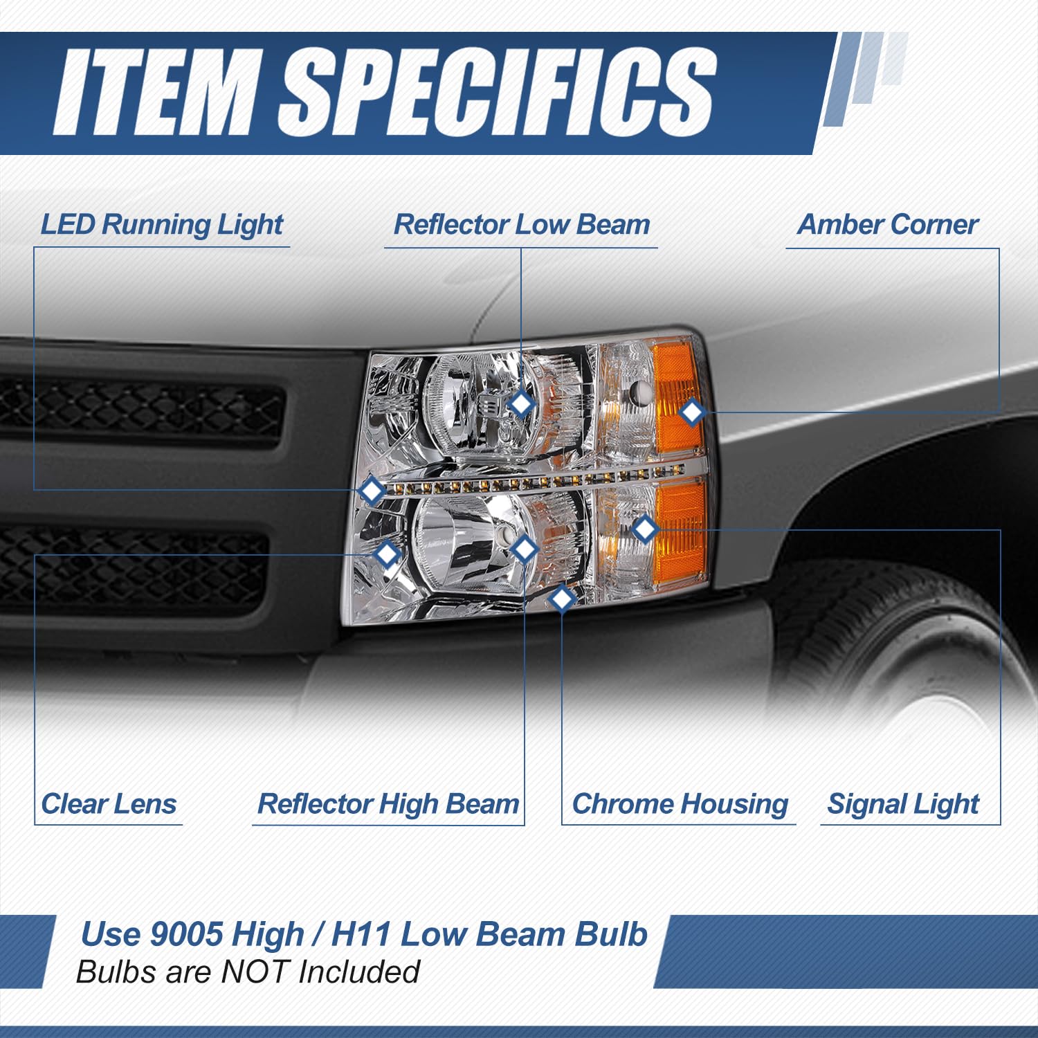 Auto Dynasty Compatible with Chevy Silverado GMT800 4pc Pair of Smoked Lens Amber Corner Headlight+Chrome LED Tail Light