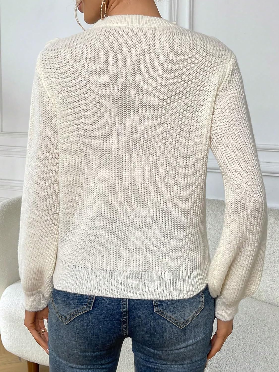 Women's Sweater Solid Lantern Sleeve Ruffle Trim Sweater Sweater for Women (Color : Apricot, Size : Medium)