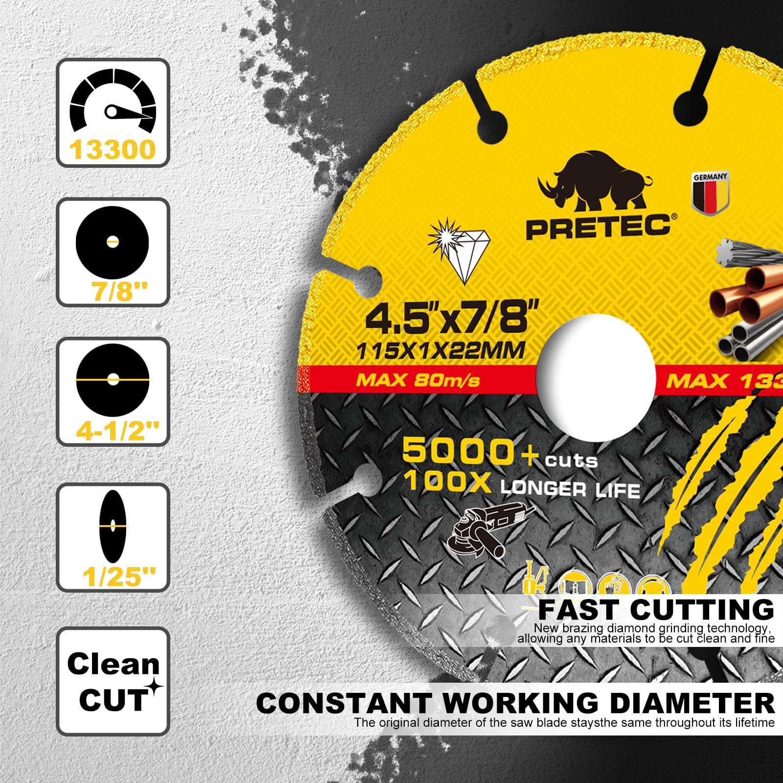 FOXBC 4-1/2 Inch Diamond Cutting Wheel Metal Cut Off For Angle Grinder 5000 Cuts On Rebar Stainless Steel Angle Iron 7 8 Arbor 3 Pack