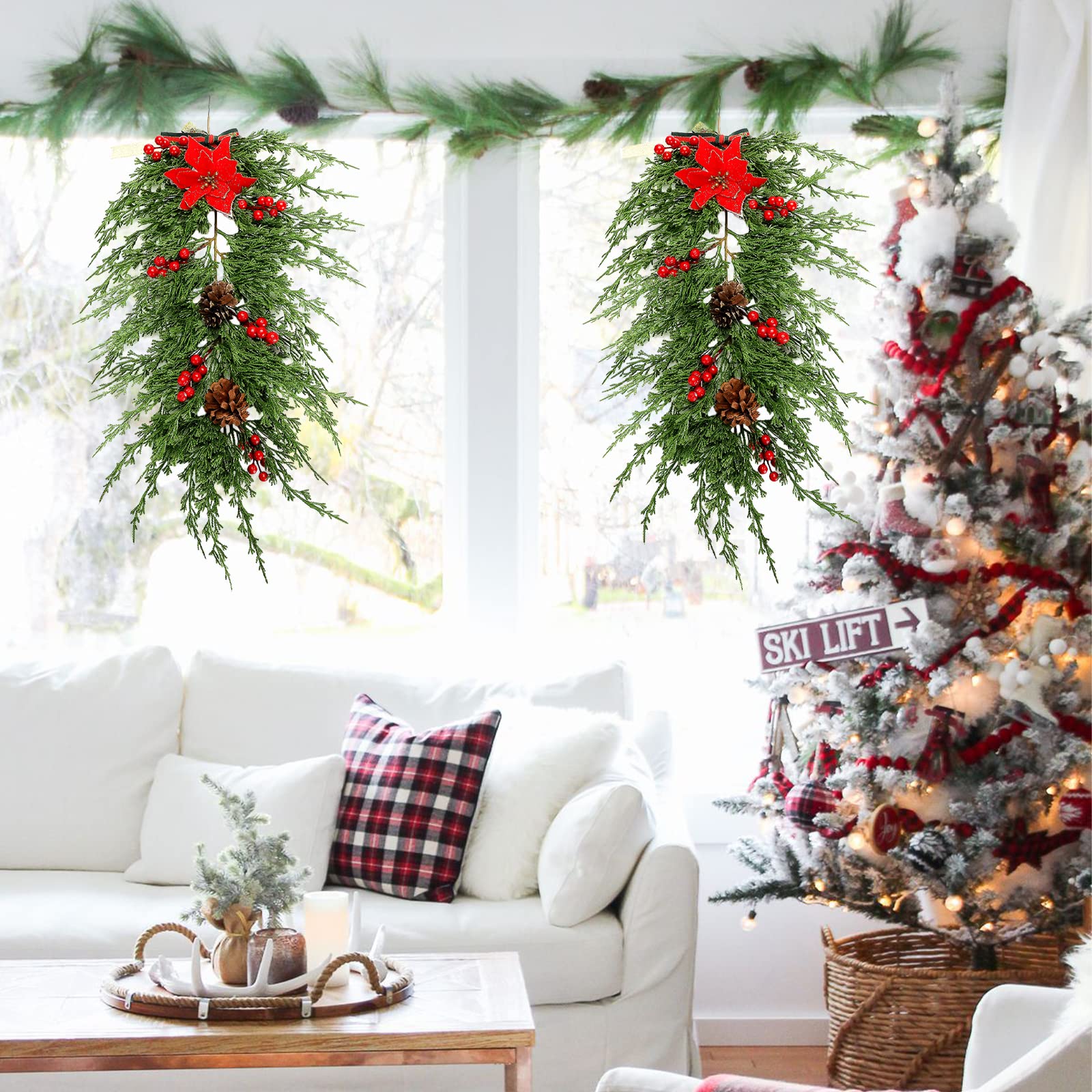 Festone Natalizio A Goccia In PVC - Ghirlanda Di Pino Finto Per Porta, Camino O Tavolo - Decorazione Verde Per Natale - Foto 7