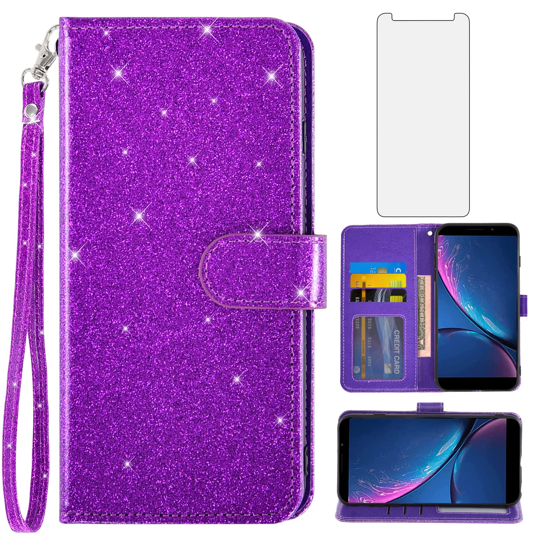 AsuwishPhone Case for Hot Pepper Serrano 3 with Tempered Glass Screen Protector and Glitter Wallet Cover Flip Card Holder Slot Stand Kickstand Rugged Folio Cell Accessories HPP-L55B Women Men Purple