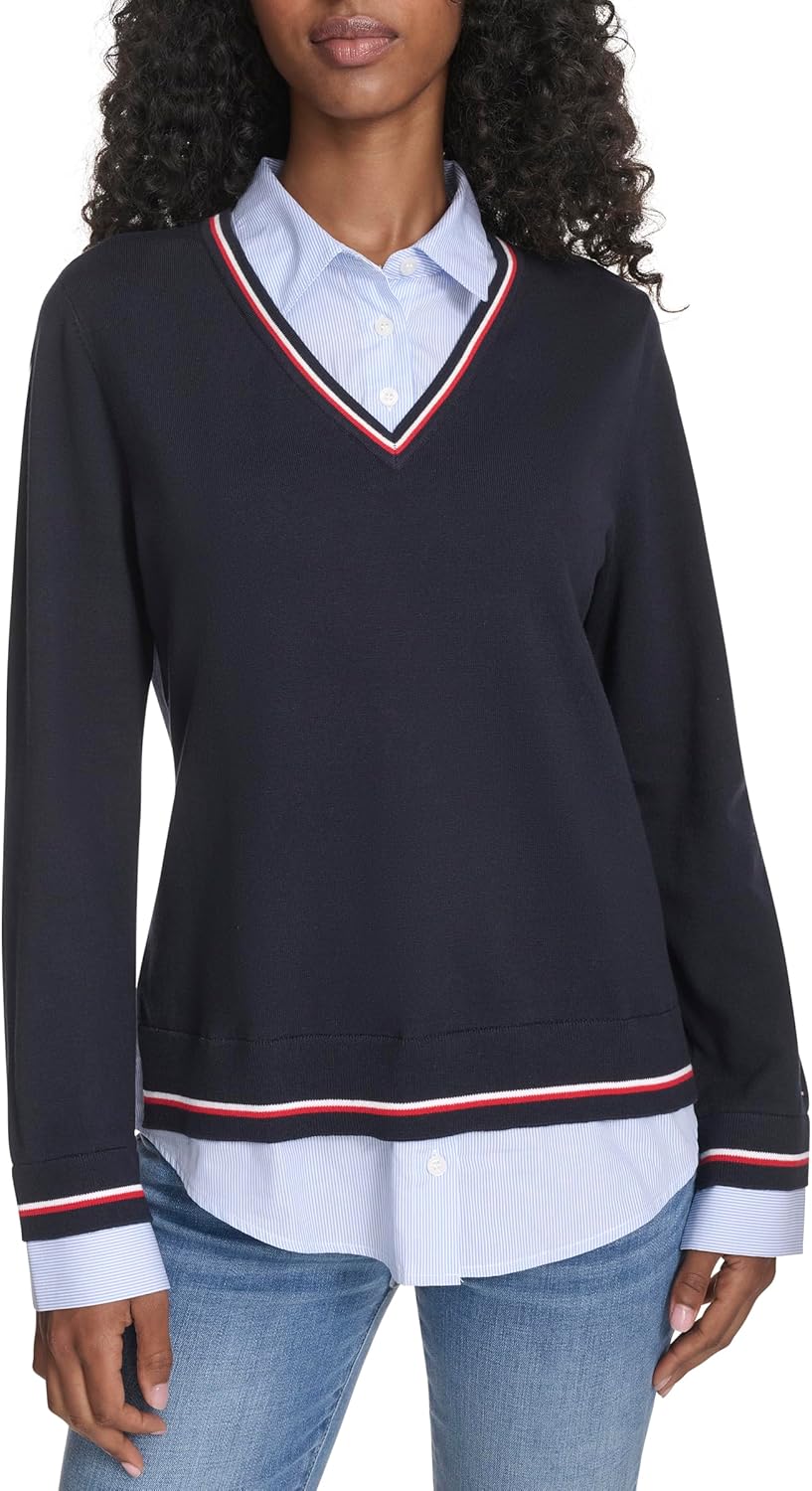 Tommy Hilfiger Womens Long Sleeve Button Up Collared Twofer Sweater