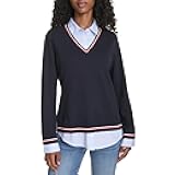 Womens Long Sleeve Button Up Collared Twofer Sweater