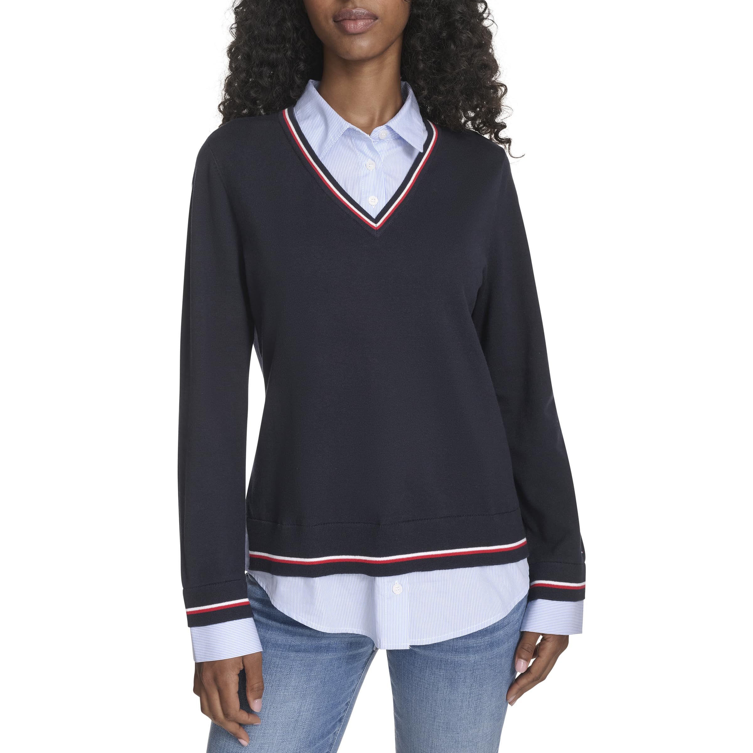 Tommy Hilfiger Damen Long Sleeve Sweater Button Up Collared Shirt Pullover