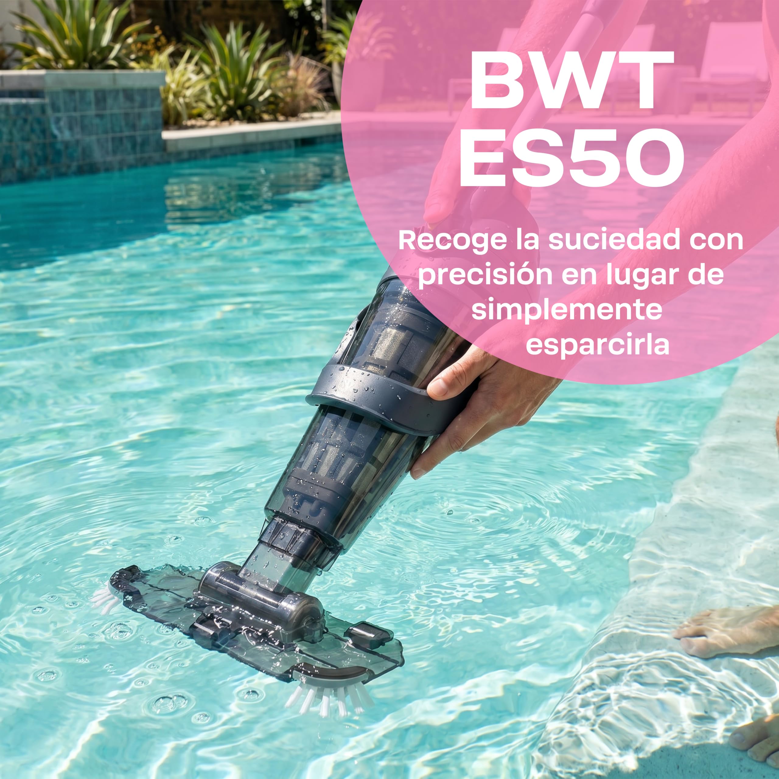 [NUEVO 2026] BWT Aspirador de piscina ES50 | Limpiador inalámbrico a batería | 60min autonomía | 5200 mAh | para piscinas hasta 25000l | Carga USB | Inalámbrico, 40 min de autonomía, 2000 mAh, para piscinas de hasta 25000 l, carga USB
