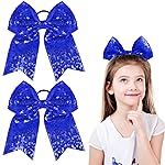 2 Packs Jumbo Cheerleading Bow 8 Inch Large Cheer Hair Bows with Ponytail Holder for Teen Girls Softball Outfit Uniform(Sequin Blue)