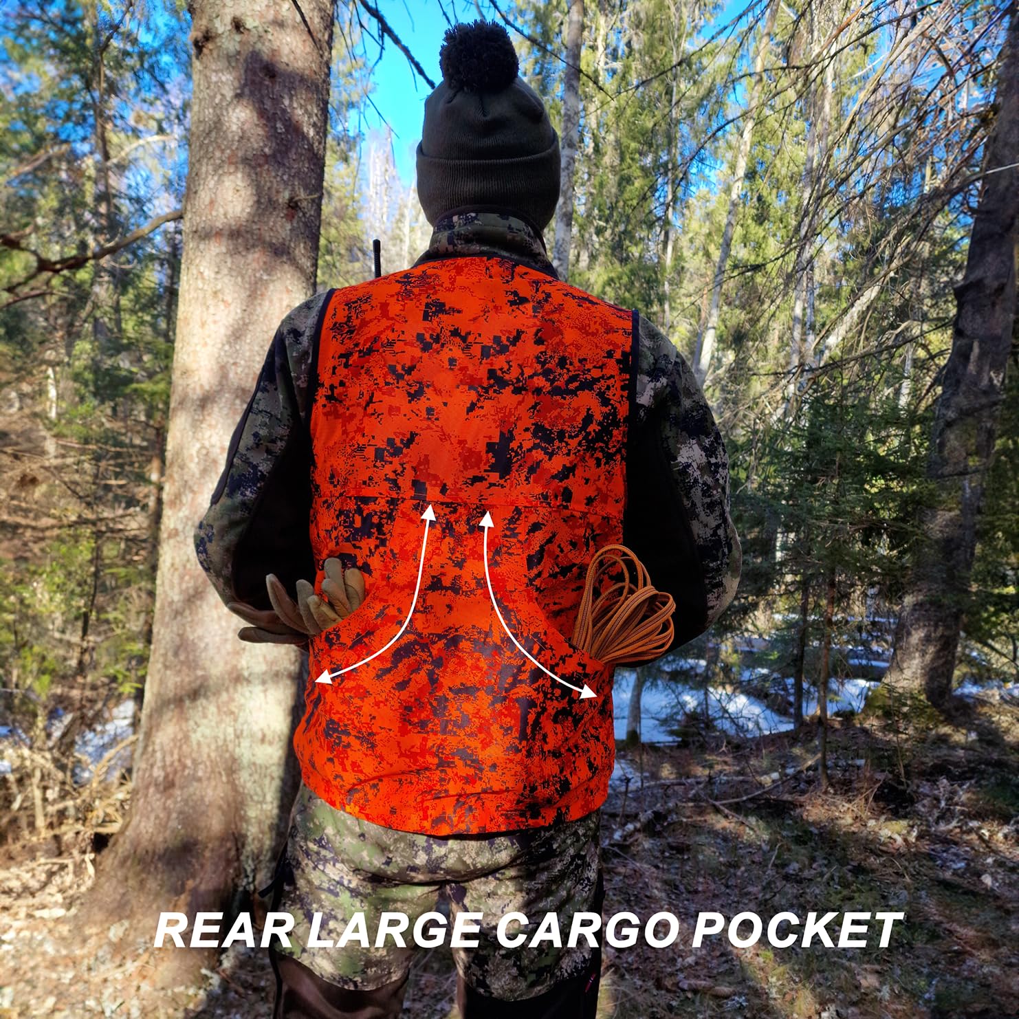 Blaze Camo Orange Gilet de chasse Gilet de sécurité léger avec plusieurs poches pour adultes unisexe