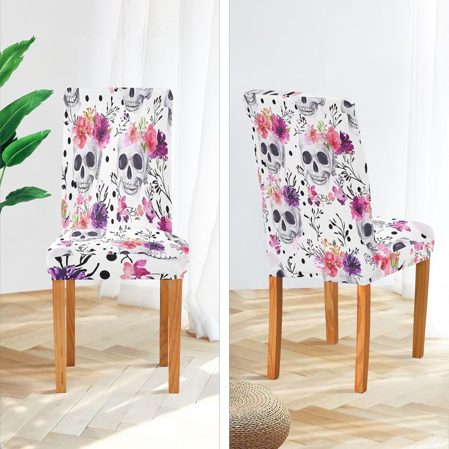 ALAZA Chair Covers for Dining Room, White Skull Flowers Pattern Stretch Chair Cover Sets Chair Protector Removable Washable for Ktichen Restaurant Hotel