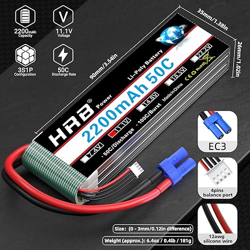 Miniatura 2 de HRB 2 unids 3S 2200mAh Lipo Batería EC3 50C Shorty 11.1V RC Lipo Batería Compatible con RC Car RC Avión RC Camión RC Barco