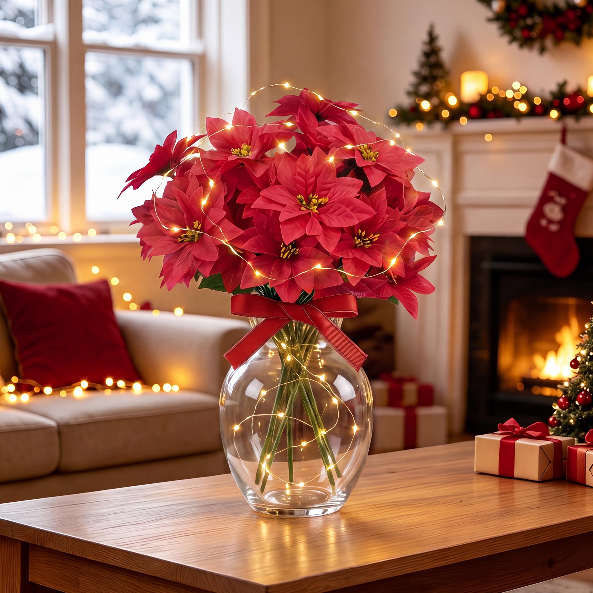 Homcomodar 6PCS Artificial Poinsettia Christmas Flowers with Fairy Lights
