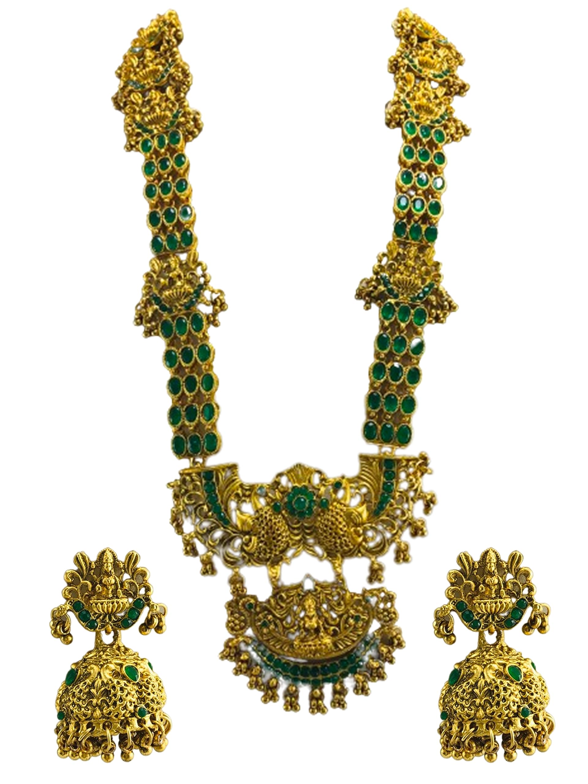 THE OPAL FACTORY Gold-Plated Goddess Lakshami With Peacock Jewellery Bridal Set With Ruby Imitation Stone Long Haram Necklace With Earrings For Womes For Women (Tof 2 Peacock Lakshami Long Green Ns) (B0CH84WTQ2) Amazon Price History, Amazon Price Tracker