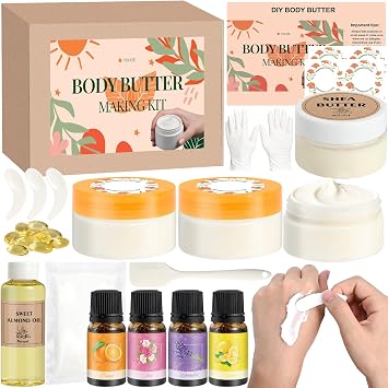TSVATE Body Butter Making Kit- DIY Whipped Body Butter Kit with Shea Butter Raw Organic, Sweet Almond Oil, Vitamin E, Moisturizing for Body Lotion Cream Making Gifts for Women, Girls