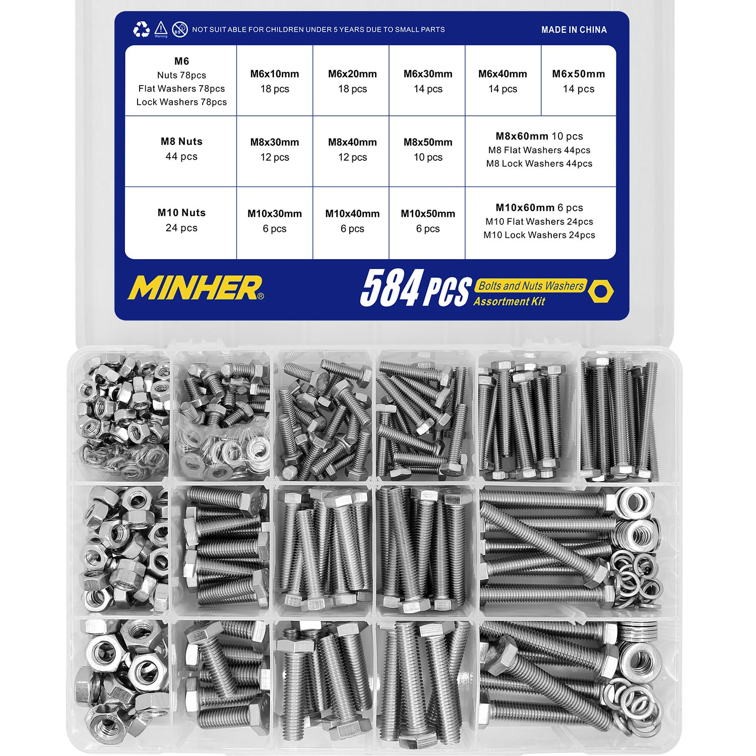 MINHER 584PCS M6 M8 M10 Heavy Duty Bolts and Nuts Assortment Kit 304 Stainless Steel(18-8) Hex Screws Nuts & Washerss kit,Includes 15 Regular Sizes(Large Box)