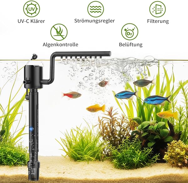 OMECO Filtre intérieur d'aquarium 5 en 1 800 l/h - Filtre UVC - Pour aquariums de 60 à 300 l - Avec stérilisateur U-V de 6 W et minuterie - Pompe d'aquarium avec ventilation et douche à effet pluie - 4