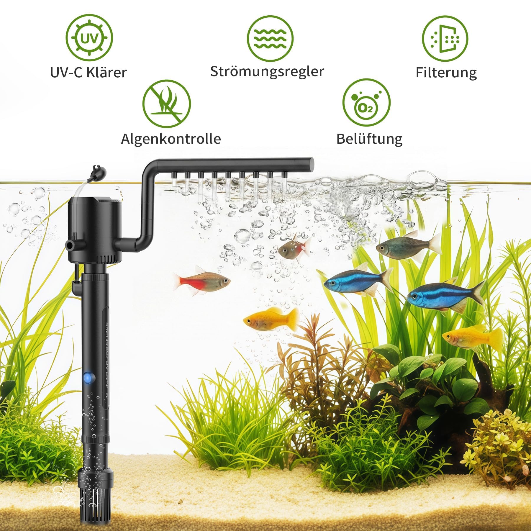 OMECO 5-in-1 Aquarium Innenfilter 800L/H UVC Klärer Aquarium filter für 60L-300L Aquarien mit 6W U-V-Sterilisator und timer,aquarium pumpe mit Belüftung und Regendusche
