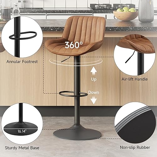 Miniatura 5 de Volans Juego de 2 taburetes de bar, de cuero sintético, modernos de mediados de siglo, giratorios, de altura ajustable, silla de bar con respaldo,