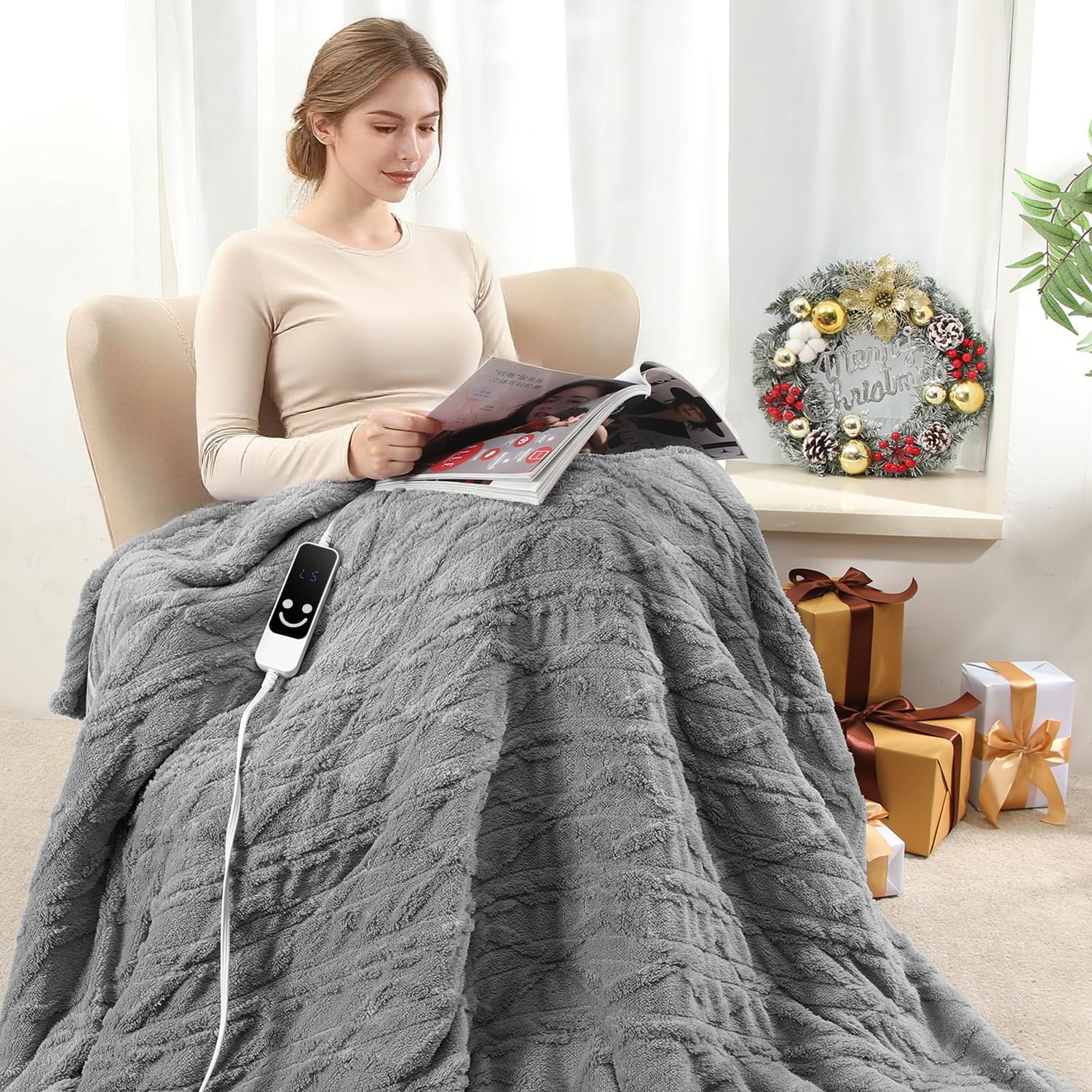 Kmall Heated Throw Blanket, Electric Blanket Throw with 5 Heating Levels & 12 Hours Auto Off,Flannel to Sherpa Super Cozy Heated Blanket for Bedding Sofa Machine Washable, 50x60 inch, Gray