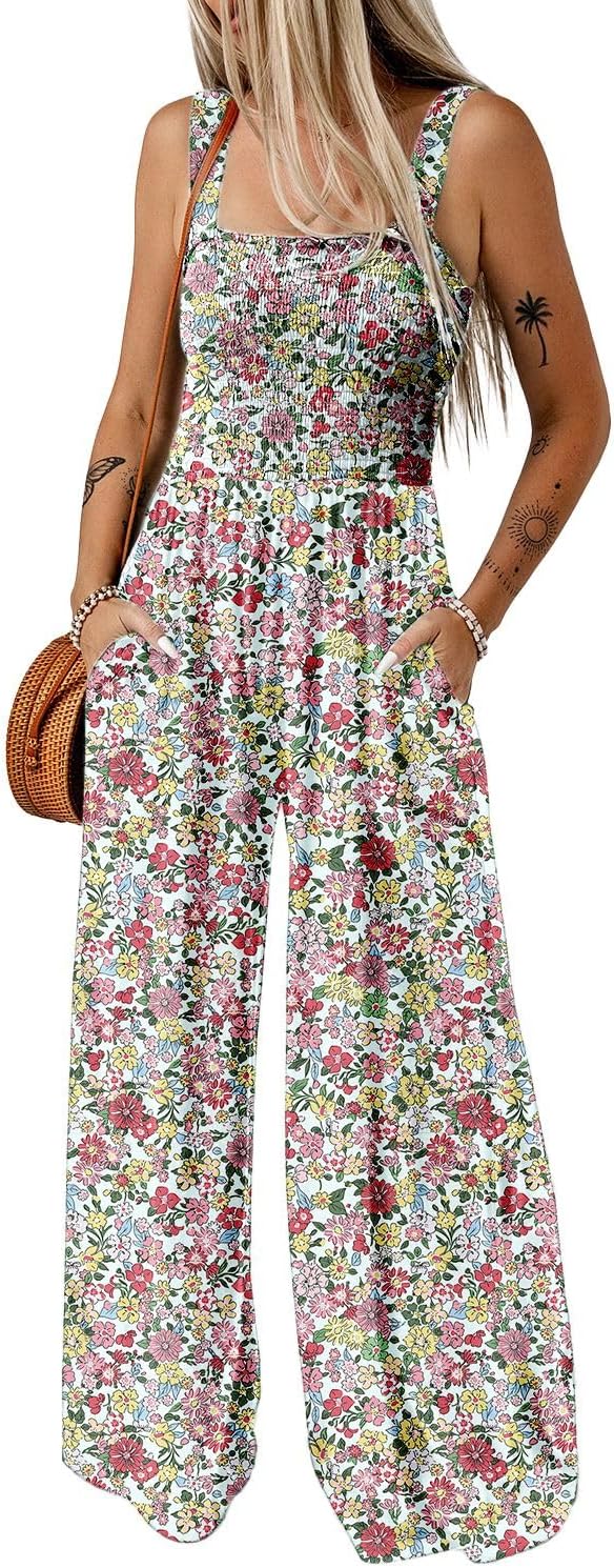 Happy Sailed Overalls for Women Floral Print Sleeveless Jumpsuit One Piece Jumpsuits Wide Leg Long Pant Rompers Boho Casual Summer Outfits Light Pink Small