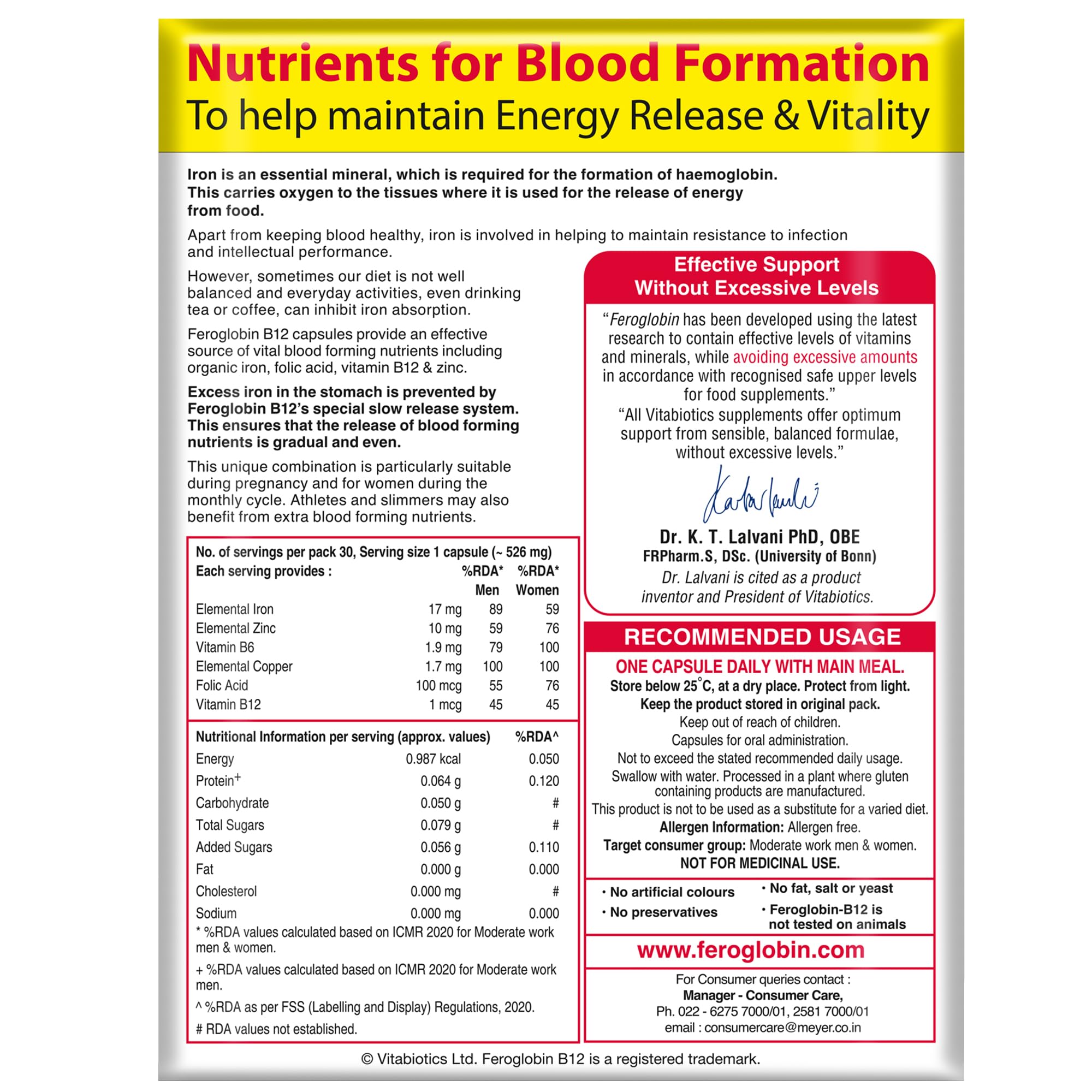 Feroglobin B12 Capsules for Iron, Haemoglobin & Red Blood Cell Formation (Monthly Pack) | Iron, Folic Acid, Vitamin B12, B6 & Zinc | Supports Energy Release & Vitality | Gluten Free | 30 Capsules