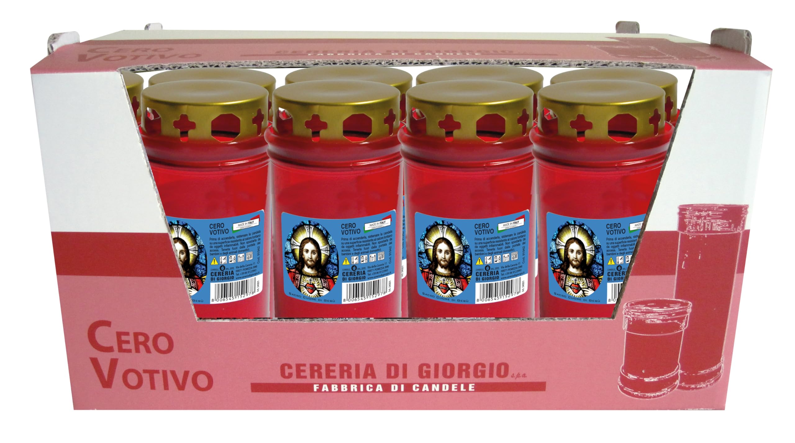 30 Votive Candles Dedicated to The Sacred Heart with Rain Cover – Red – Model P50 – 55 Hours Duration – Cereria Di Giorgio