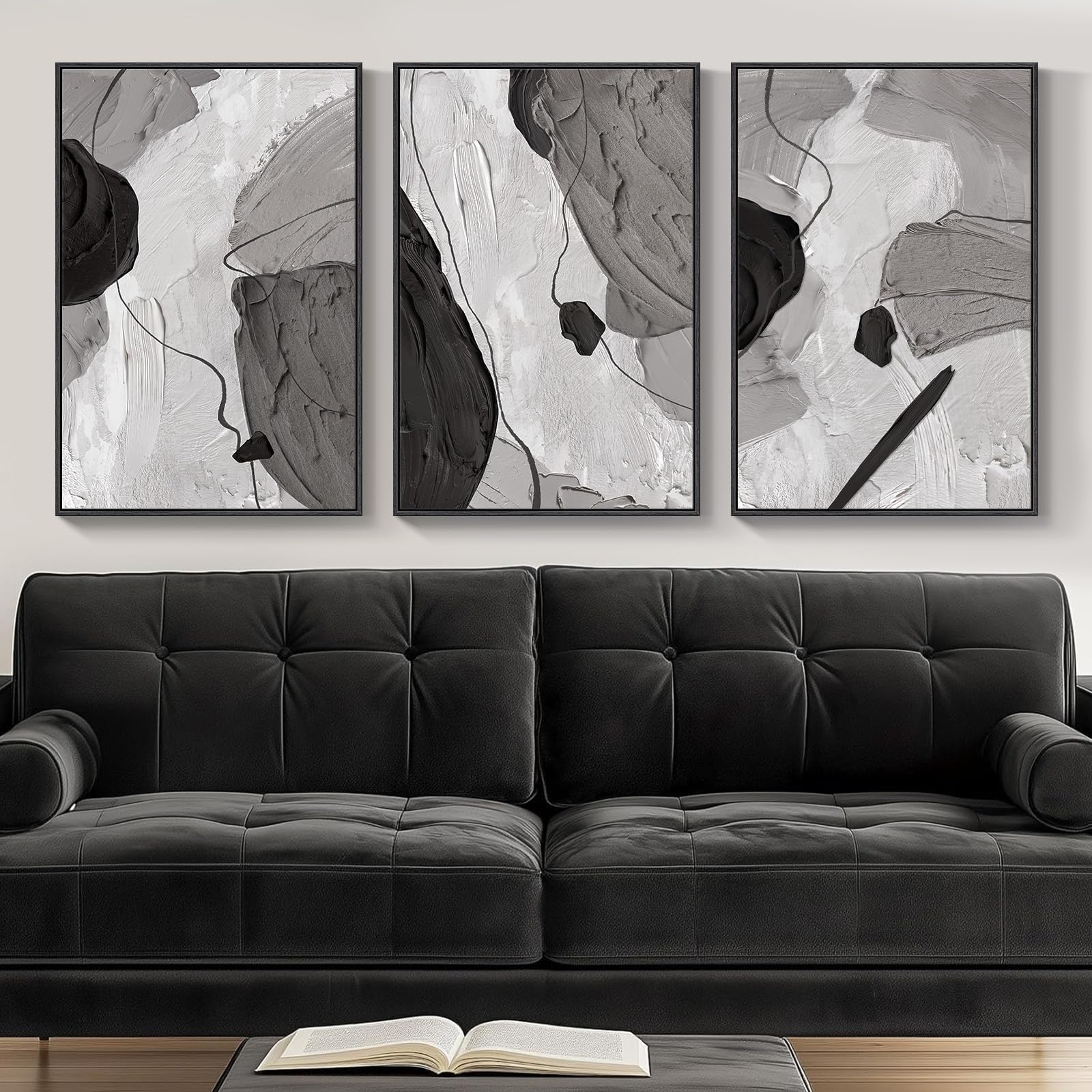 Framed Black and White Modern Abstract Wall Art, 3 Piece Canvas Prints Paintings Artwork for Walls, Minimalist Black White Grey Pictures for Living Room Dining Room Bedroom Office Wall Decor 16x24 In