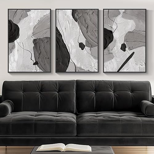 Miniatura 12 de Arte de pared abstracto enmarcado en blanco y negro grande para sala de estar, 3 piezas de impresiones en lienzo modernas grandes, pinturas, obras