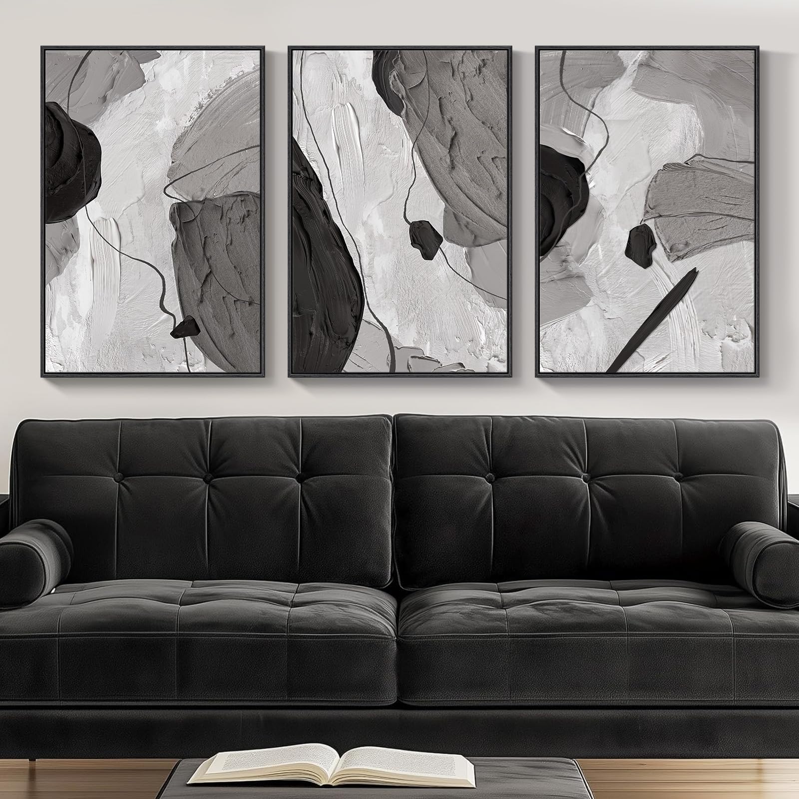 Framed Black and White Modern Abstract Wall Art, 3 Piece Canvas Prints Paintings Artwork for Walls, Minimalist Black White Grey Pictures for Living Room Dining Room Bedroom Office Wall Decor 16x24 In