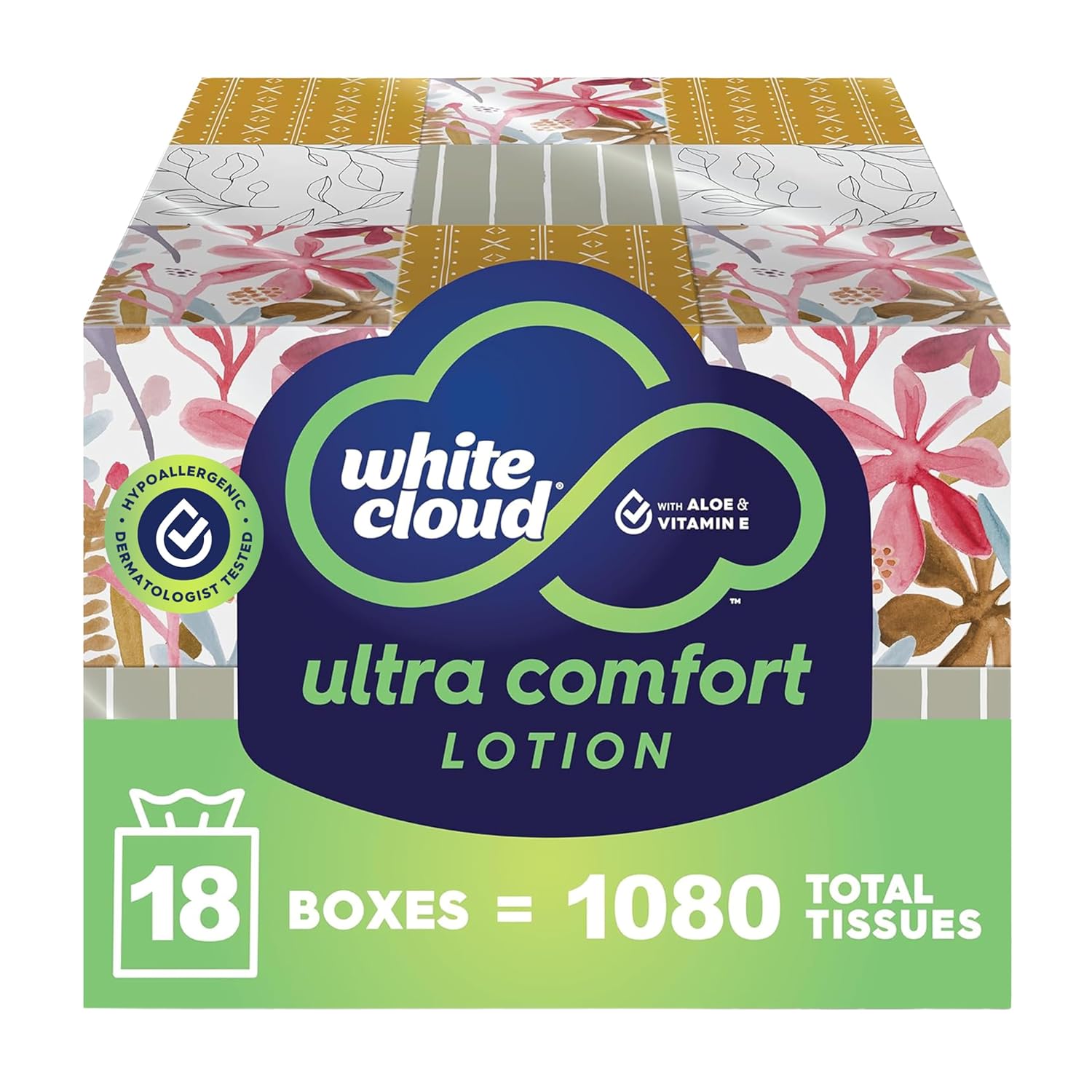 White Cloud Ultra Comfort Lotion 3-Ply Facial Tissues with Aloe & Vitamin E - 18 Box Multipack, 1080 Tissues Total