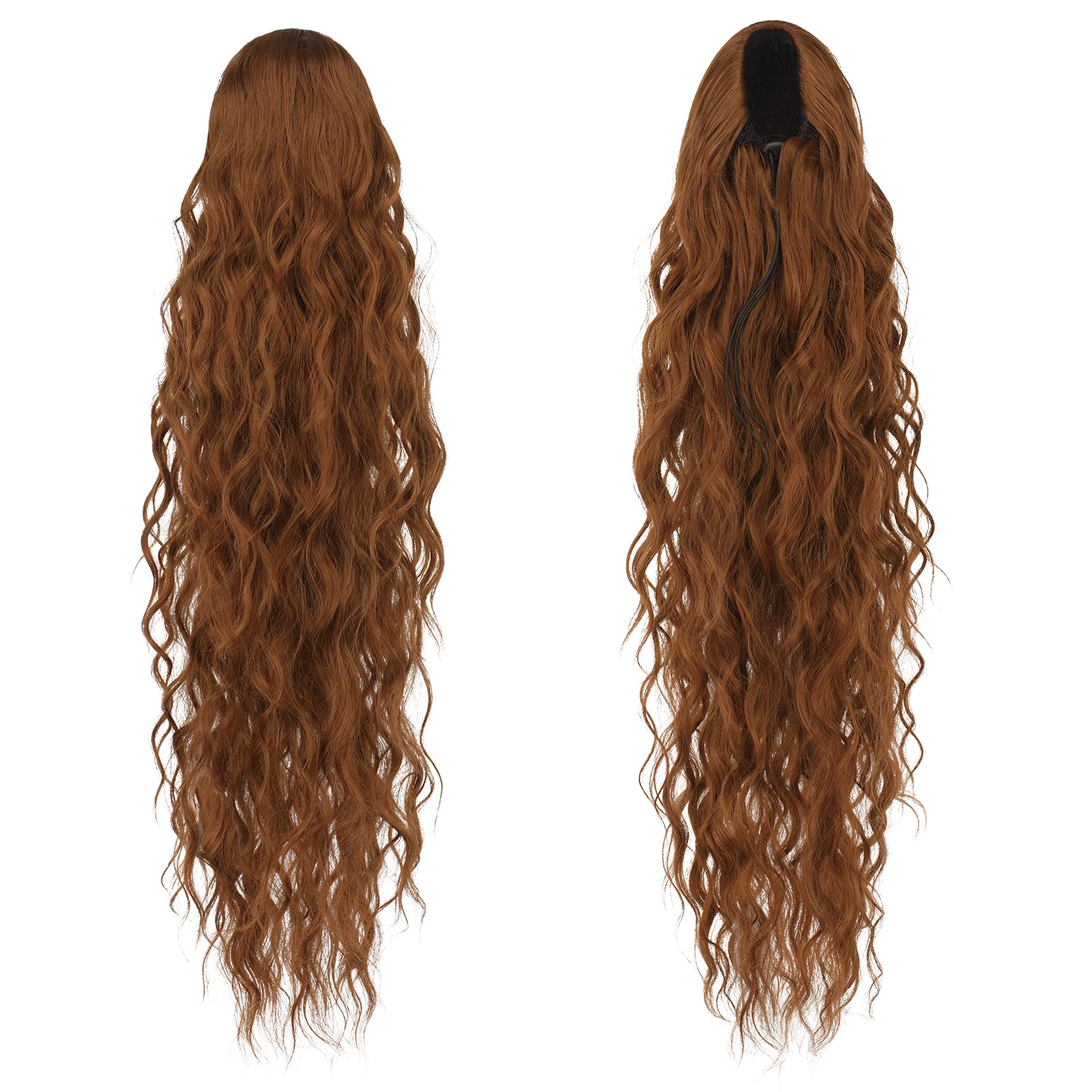FESHFEN Long Curly Wavy Drawstring Ponytail Extensions Clip in Wavy Synthetic Hairpieces Light Auburn Drawstring Ponytail Curly Hair Piece Pony Tail Extension for Women 26 inch - Image 2