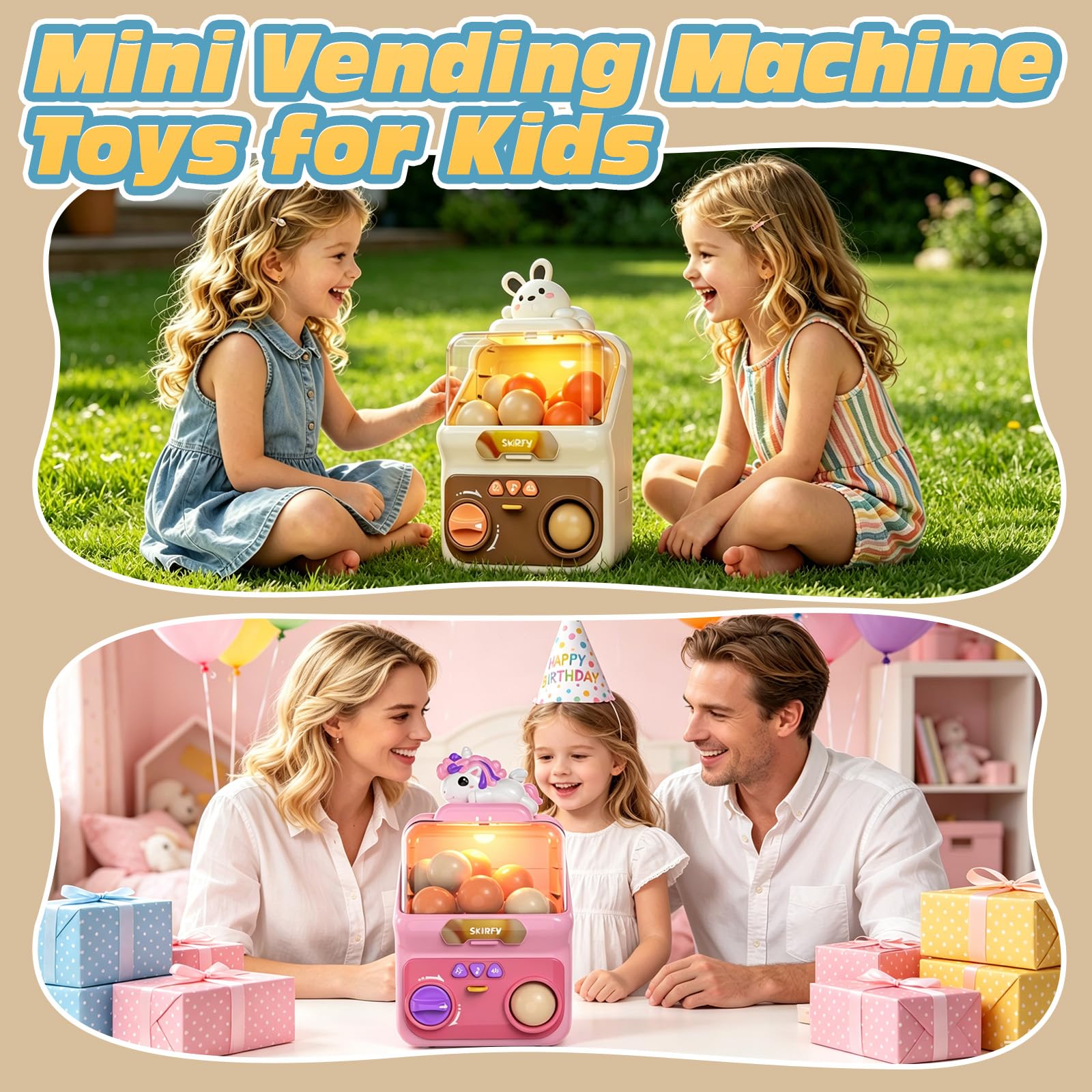 Skirfy Giocattolo automatico con palline da masticare per bambini, 15 capsule da 5 cm di diametro, distributore automatico illuminato, con prezzi, giocattolo sensoriale con bambole come regalo