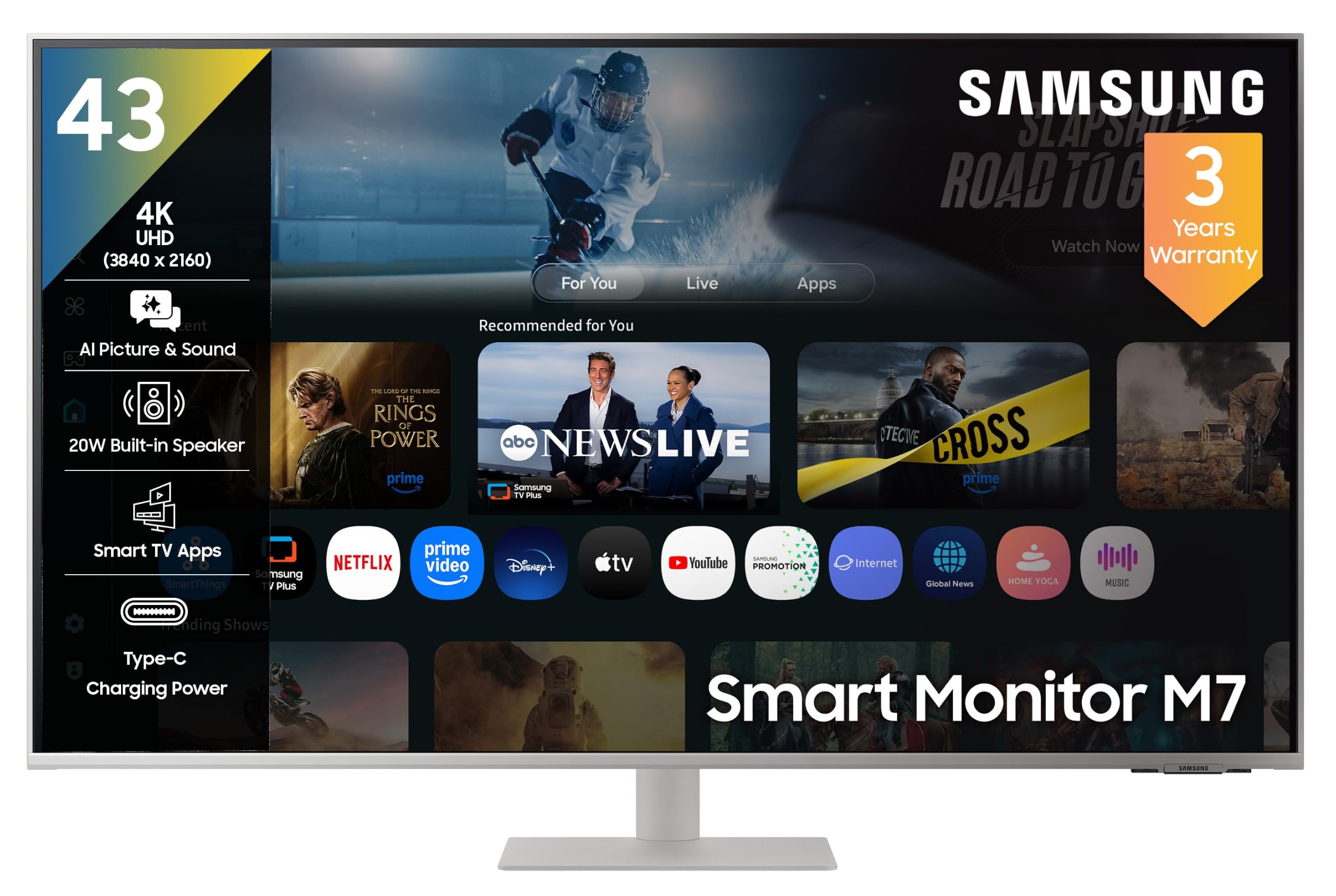 Samsung 43"(1.08m) 4K M7 Vision AI Smart Monitor|UHD 3840 x 2160|Smart TV Experience with AI|Type-C|Apple AirPlay|Gaming Bar|Remote|Speakers|Wi-Fi|Bluetooth|AI Picture & Sound|LS43FM701UWXXL|White
